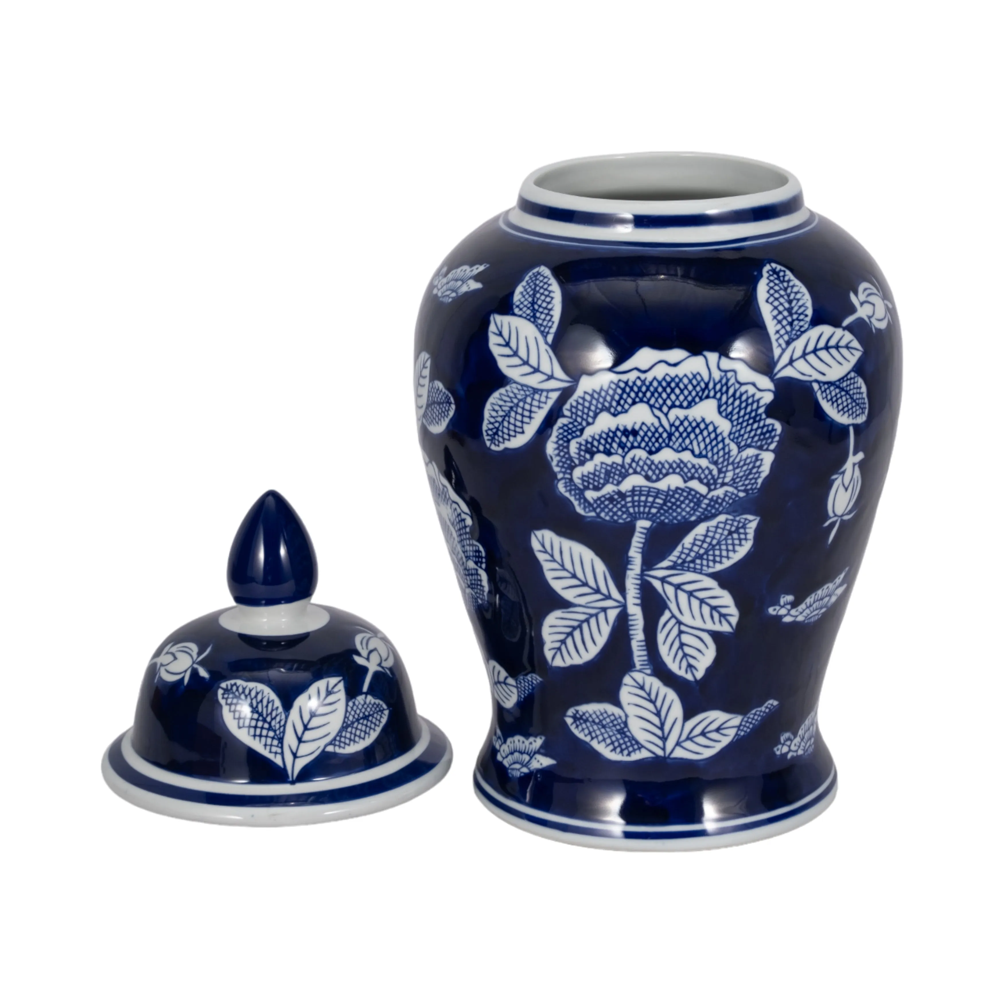 CER, 14"H FLORALTEMPLE JAR, WHT/BLU