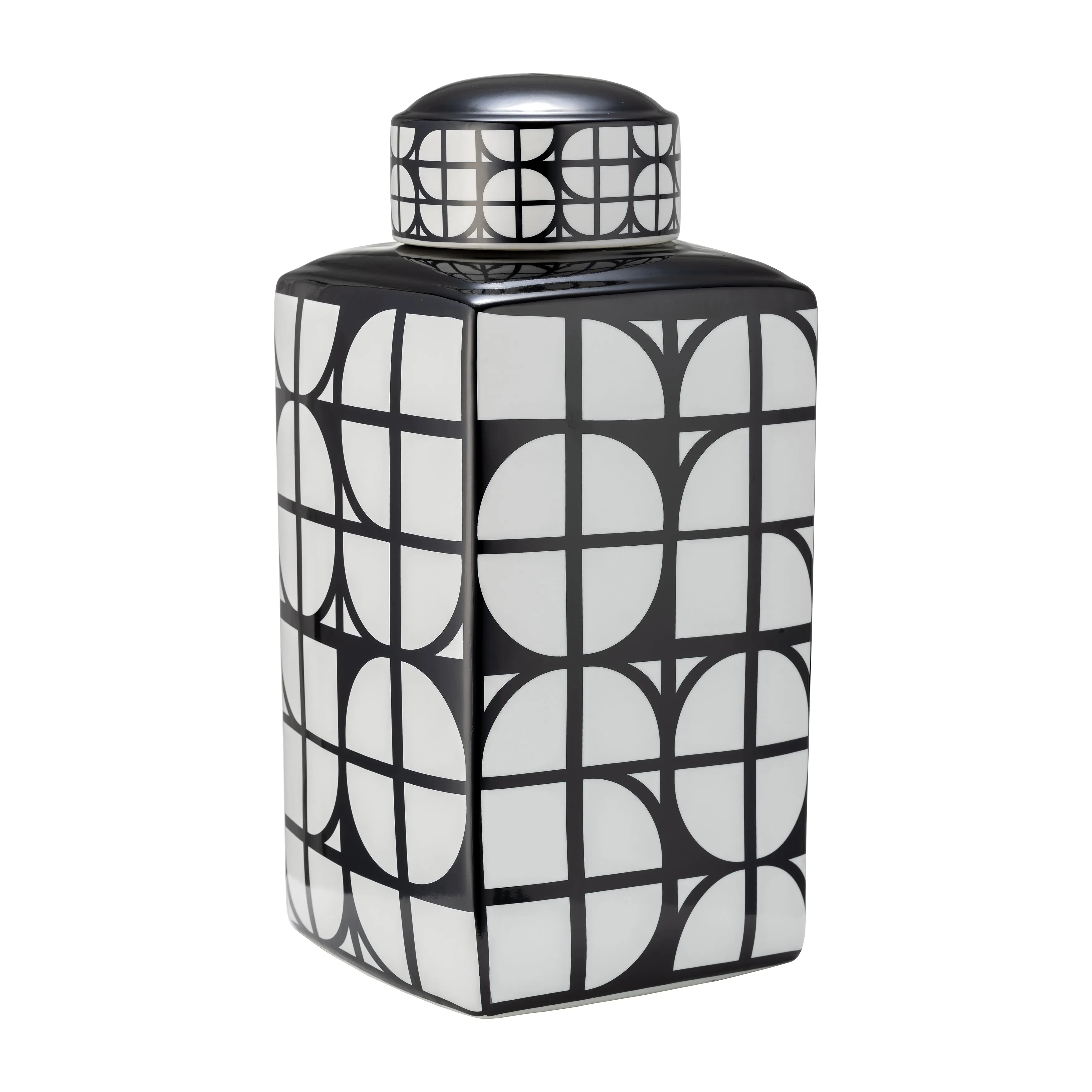 CER, 18"H SQUARE JAR W/ LID, BLACK/WHITE