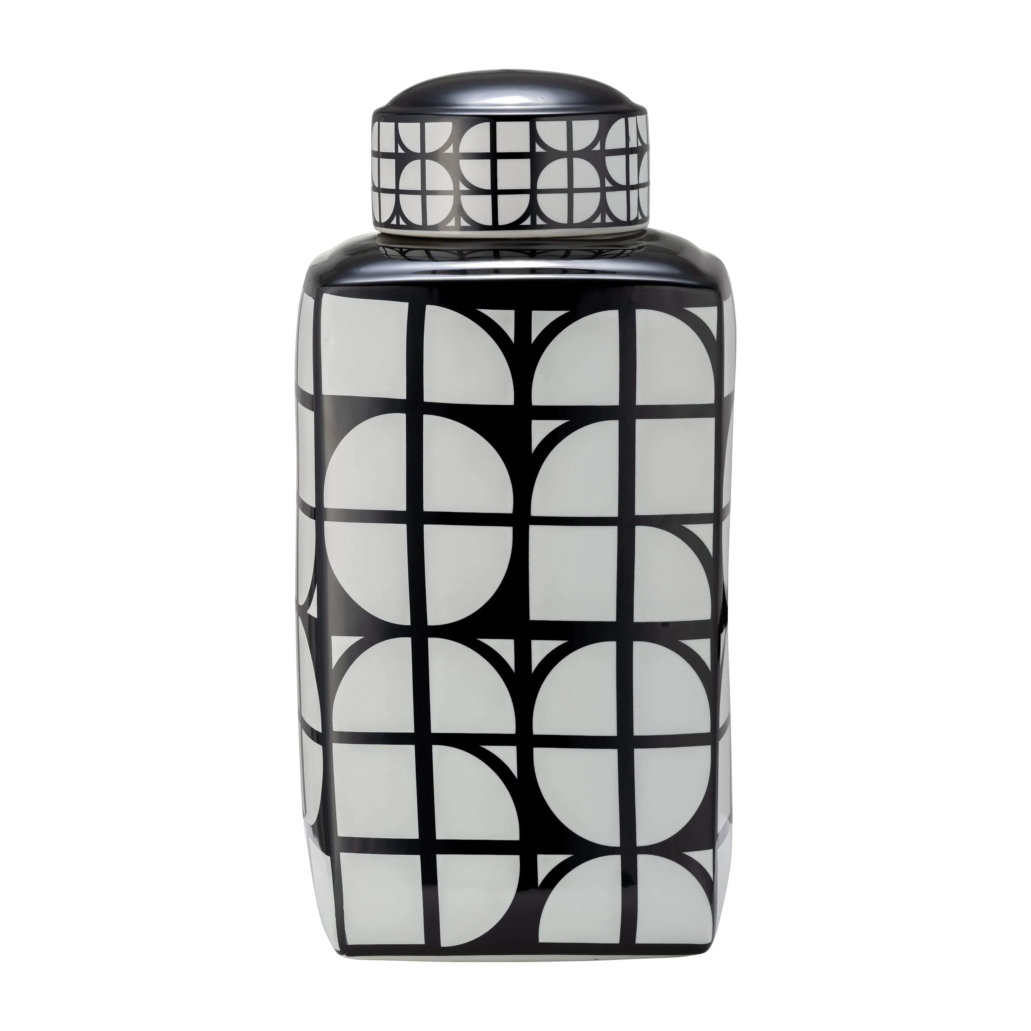CER, 18"H SQUARE JAR W/ LID, BLACK/WHITE
