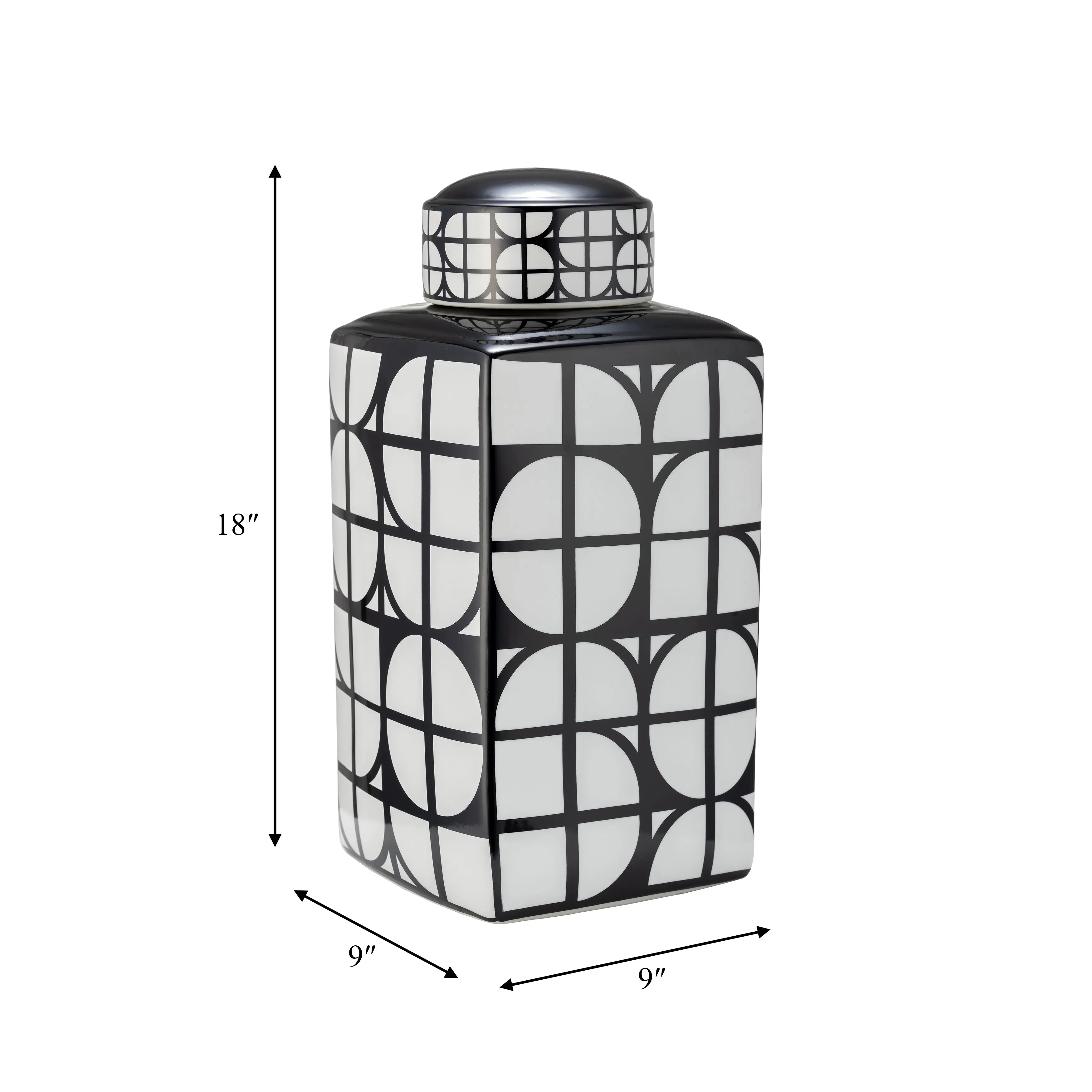 CER, 18"H SQUARE JAR W/ LID, BLACK/WHITE