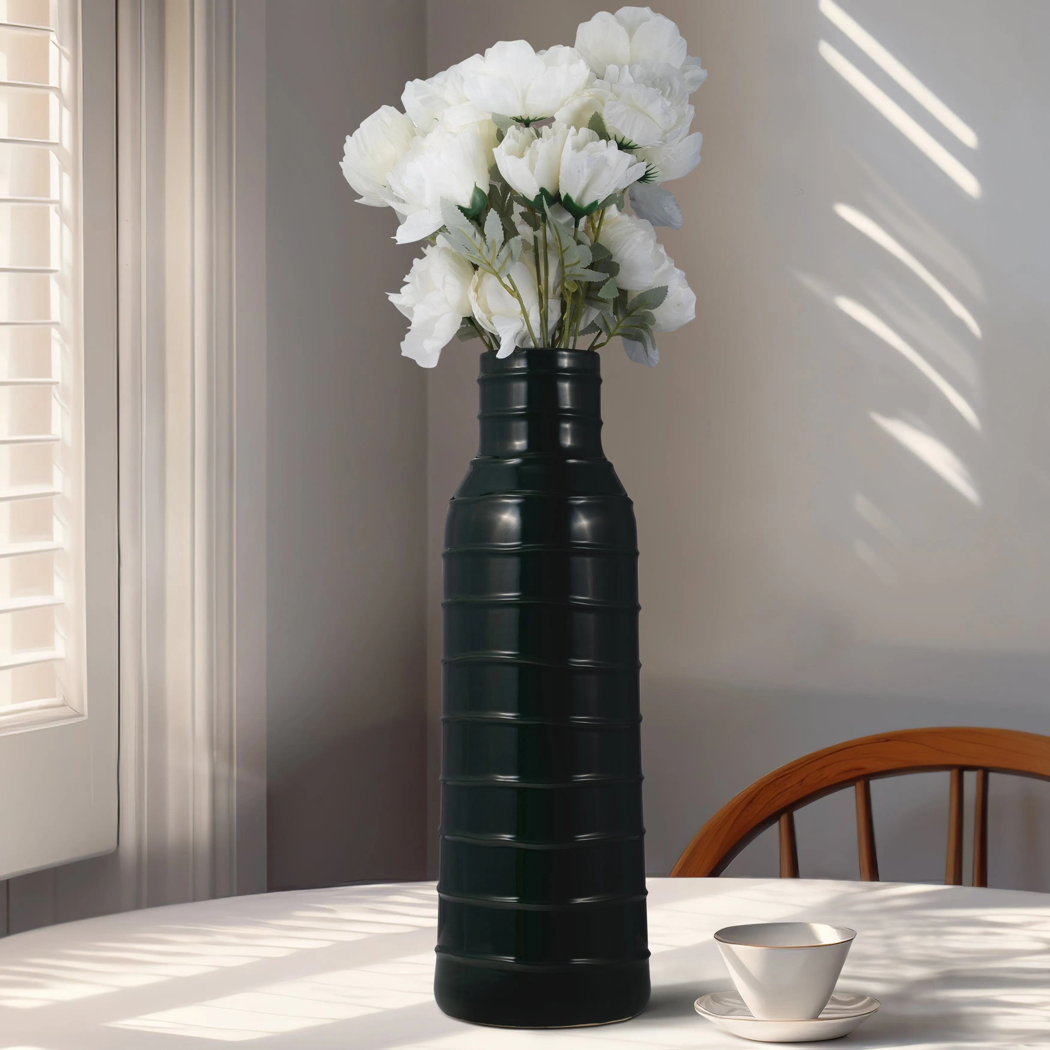 CER, 20"H TRIBAL VASE, FOREST GREEN