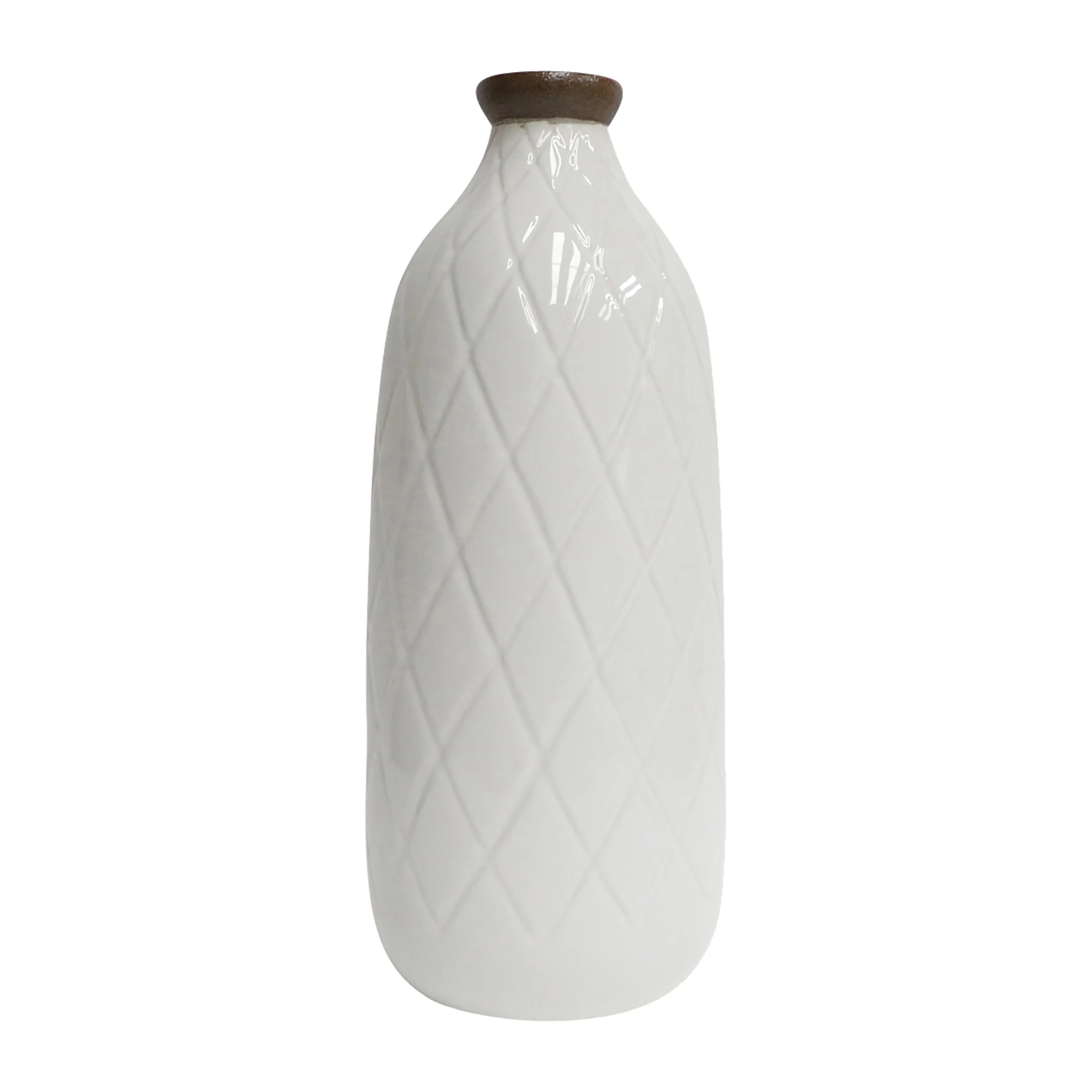 CER, 9" PLAID TEXTURED VASE, WHITE