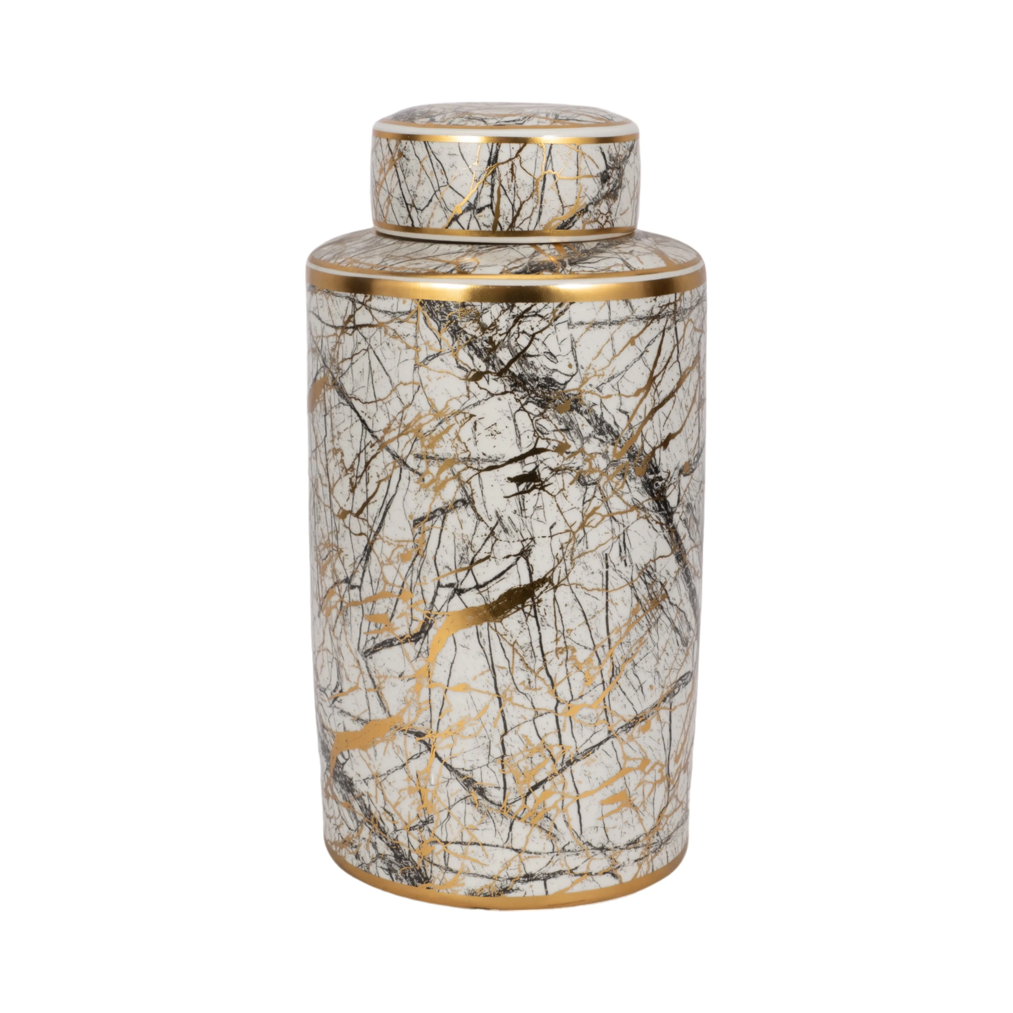 CERAMIC 16" JAR WITH GOLD LID, WHITE