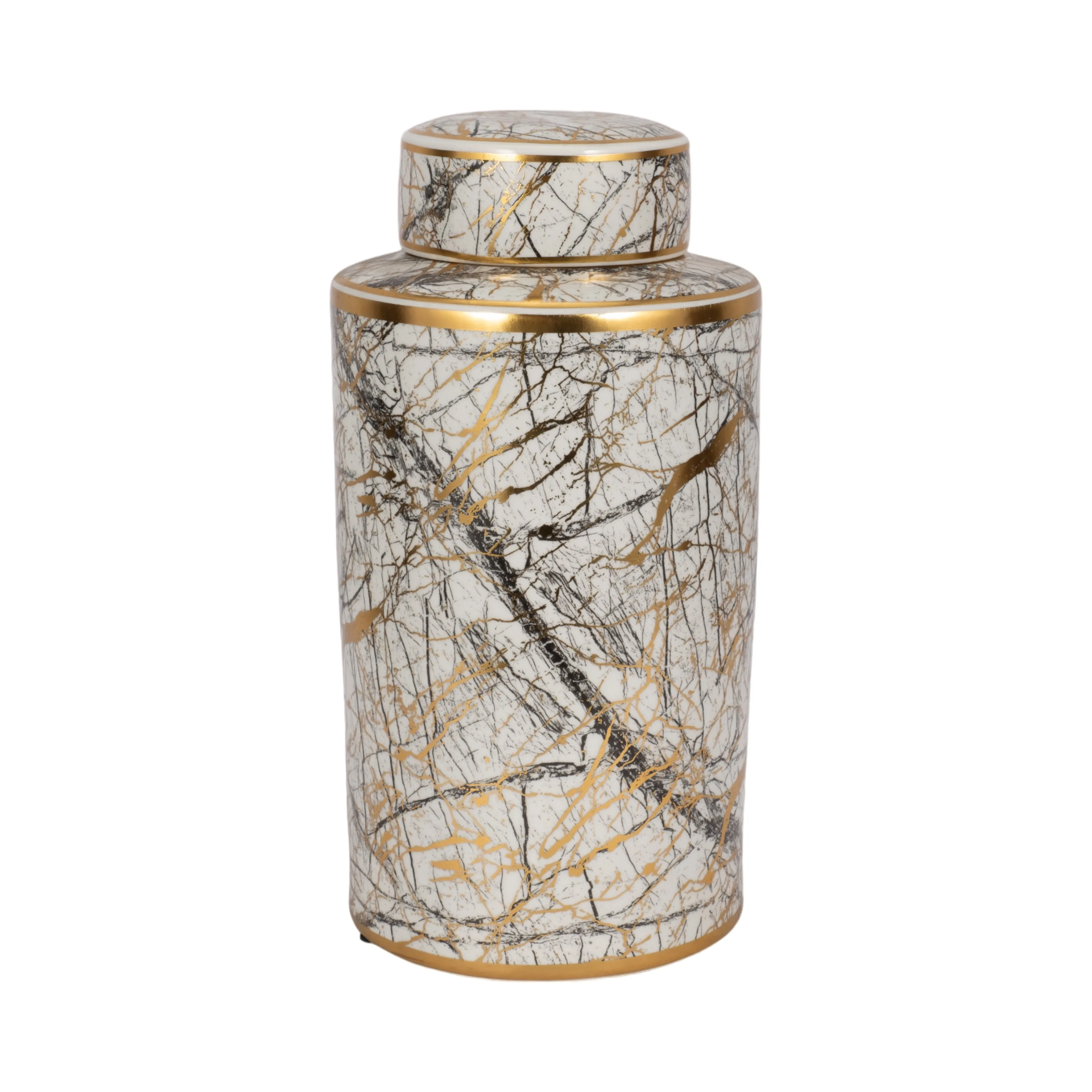 CERAMIC 16" JAR WITH GOLD LID, WHITE