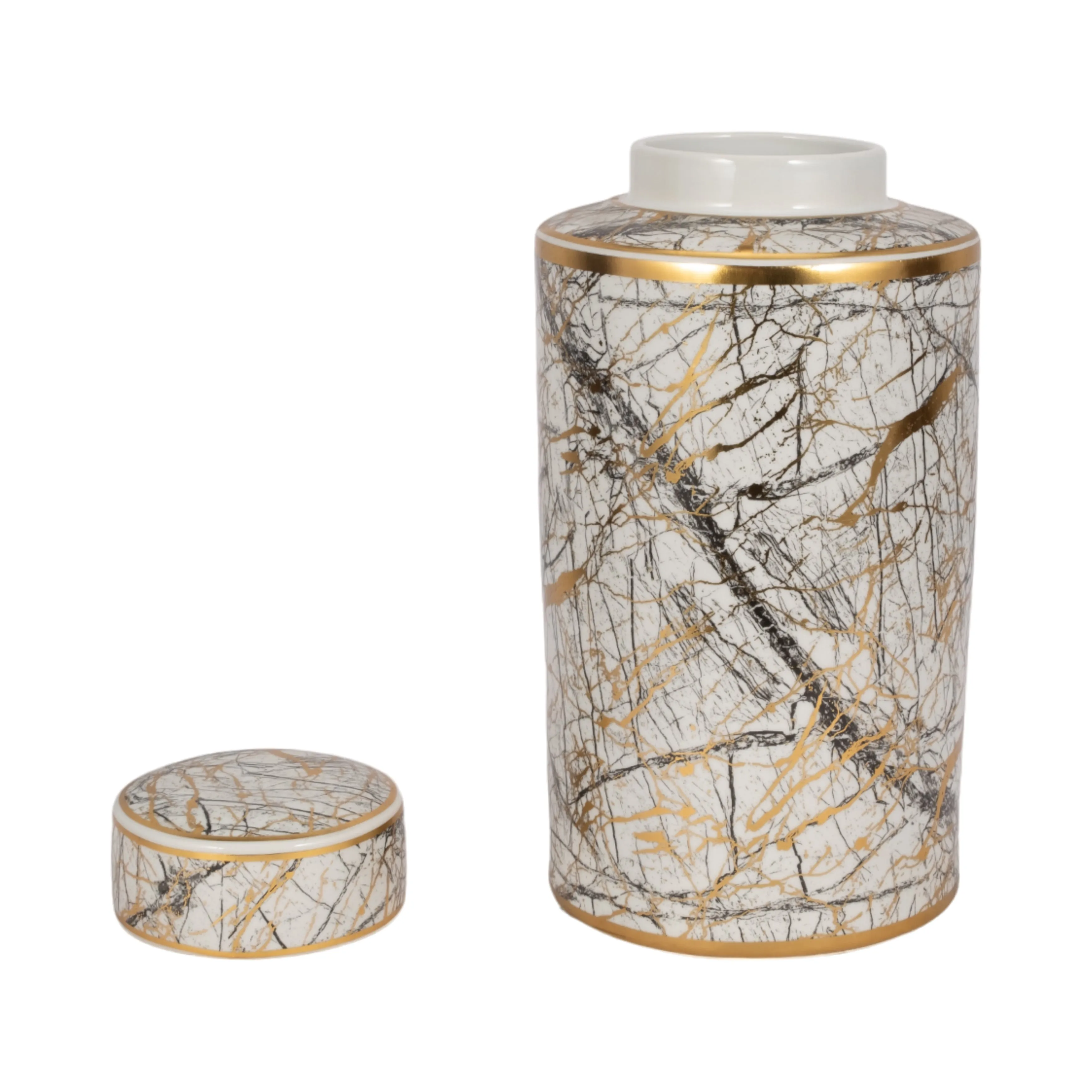 CERAMIC 16" JAR WITH GOLD LID, WHITE