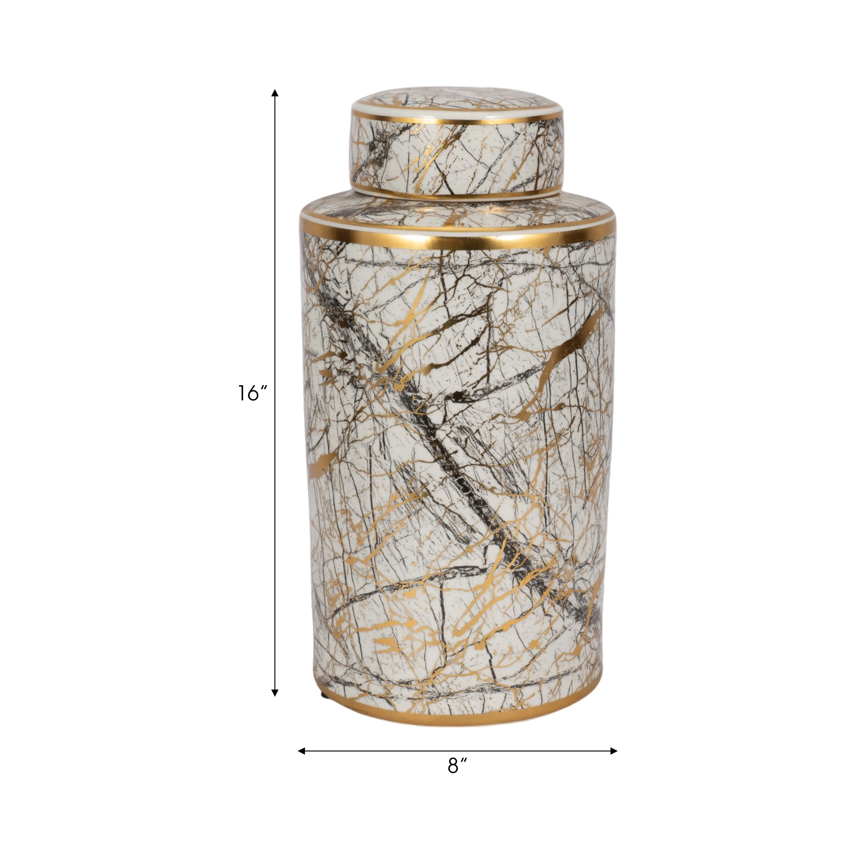 CERAMIC 16" JAR WITH GOLD LID, WHITE