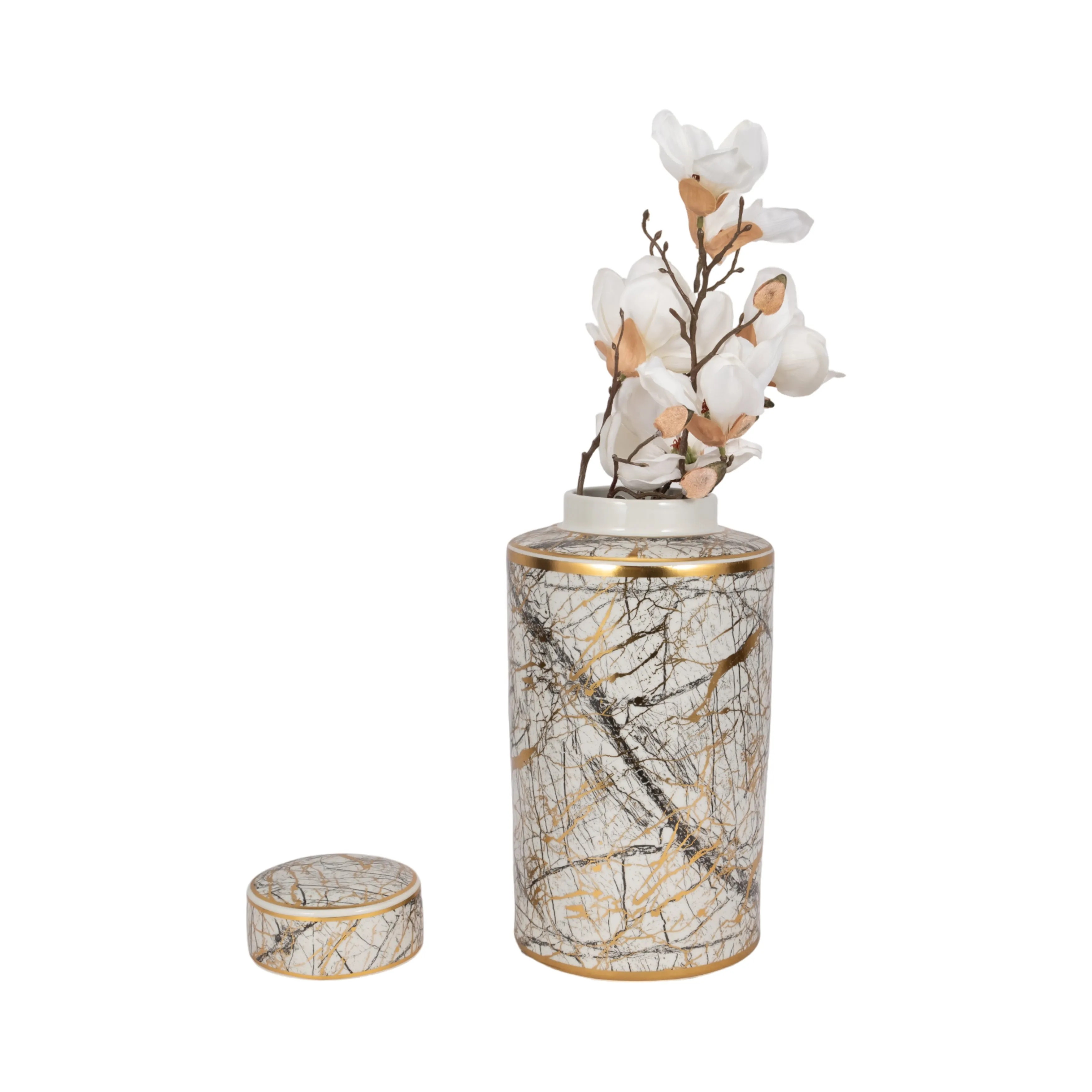 CERAMIC 16" JAR WITH GOLD LID, WHITE