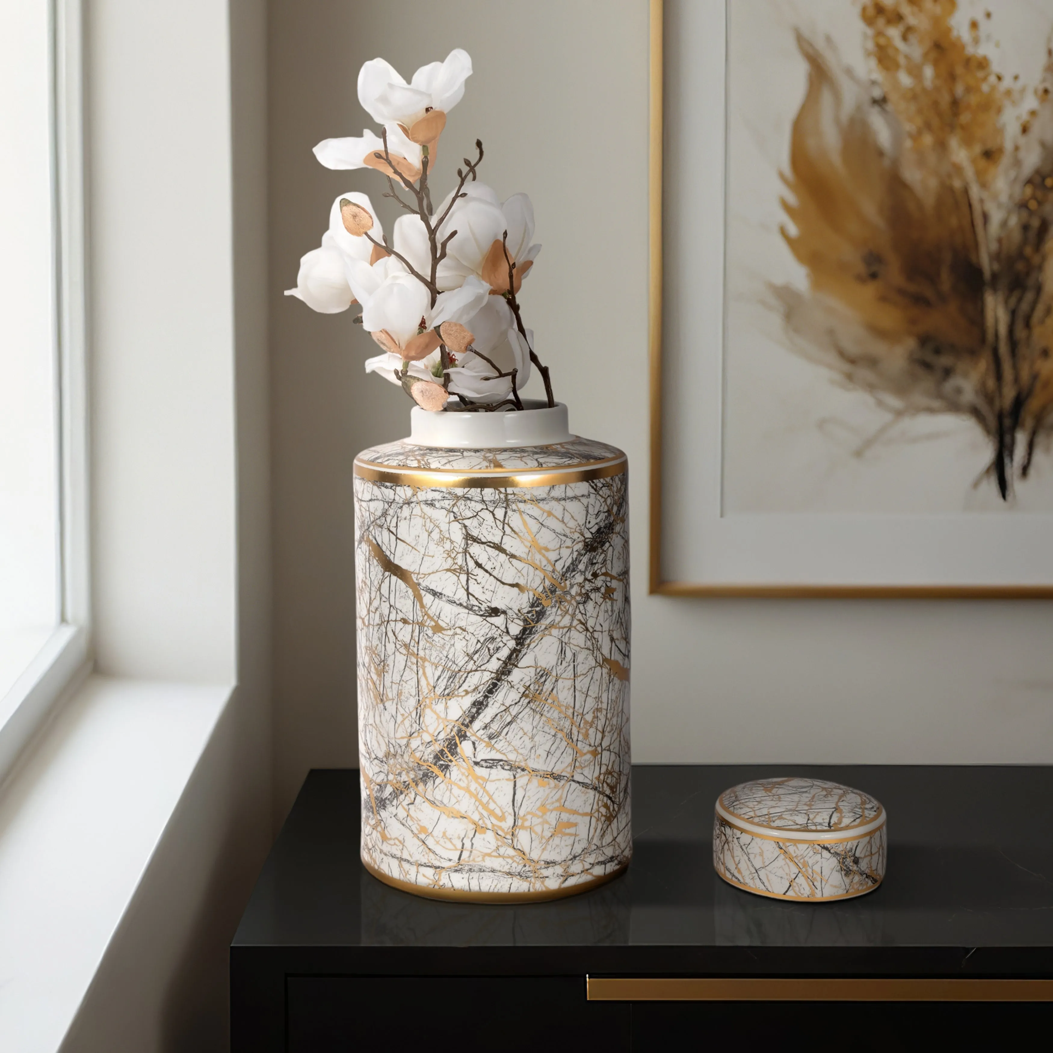 CERAMIC 16" JAR WITH GOLD LID, WHITE