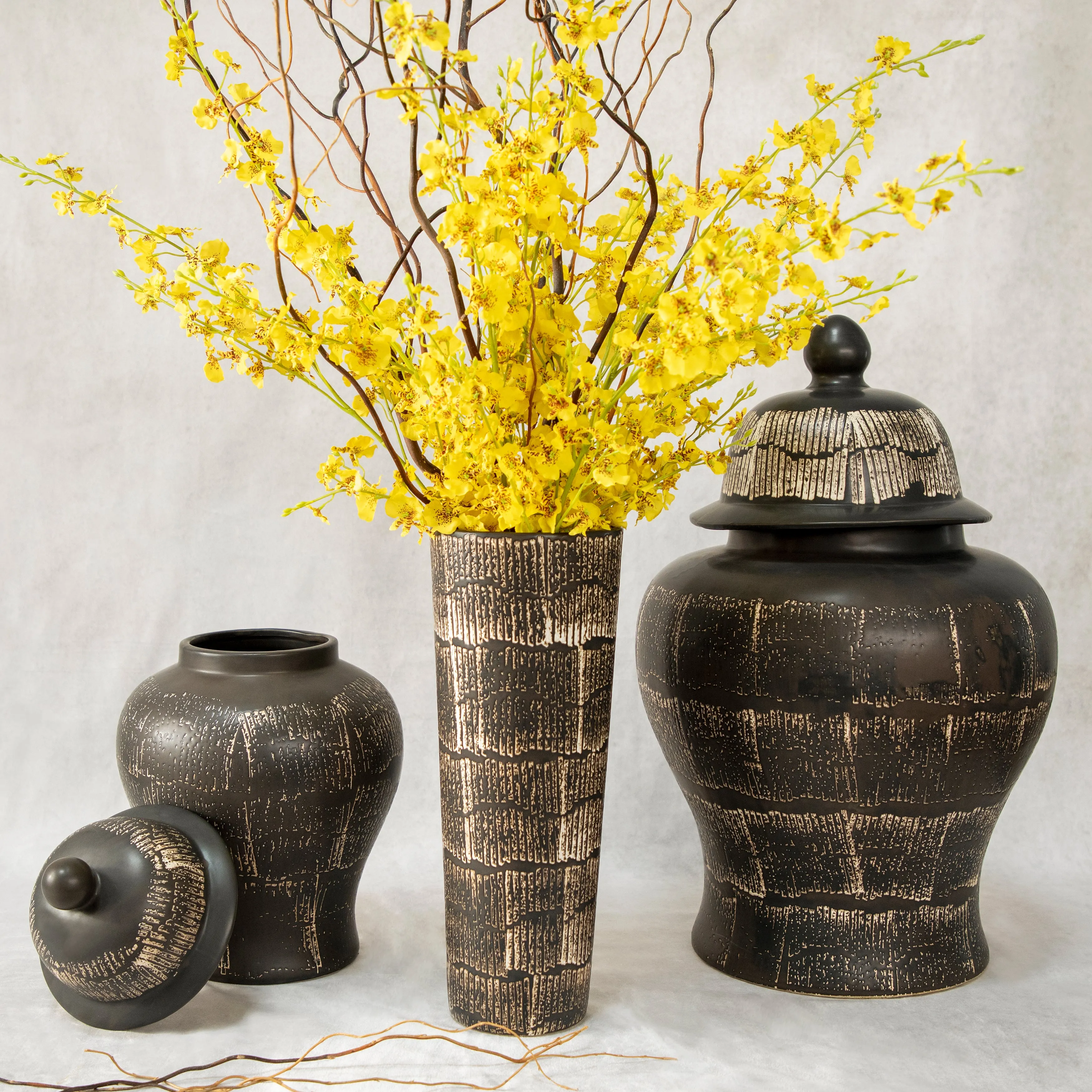 CERAMIC 28" TEMPLE JAR, ANTIQUE BLACK