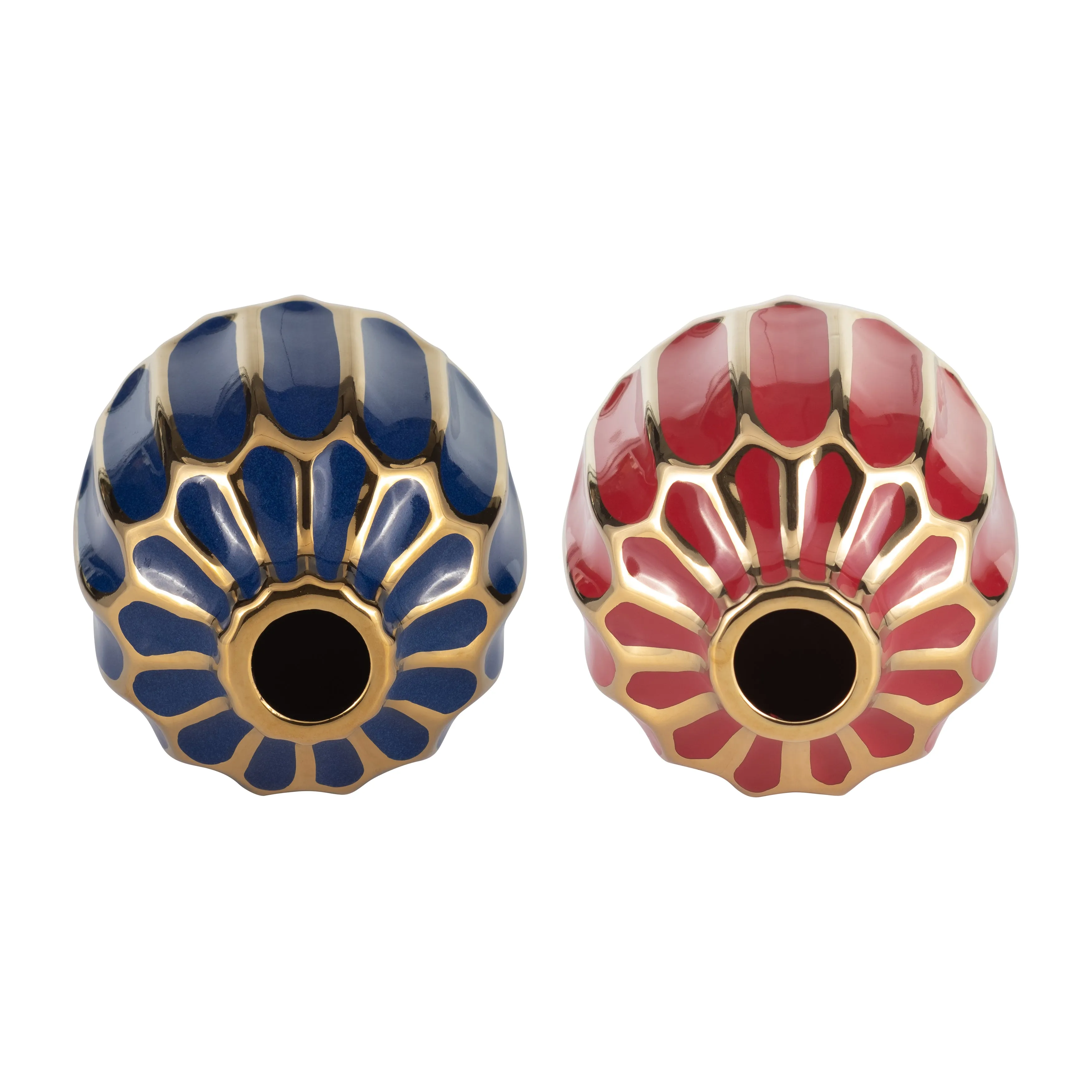 CERAMIC VASE, 5"H, S/2, NAVY/RED