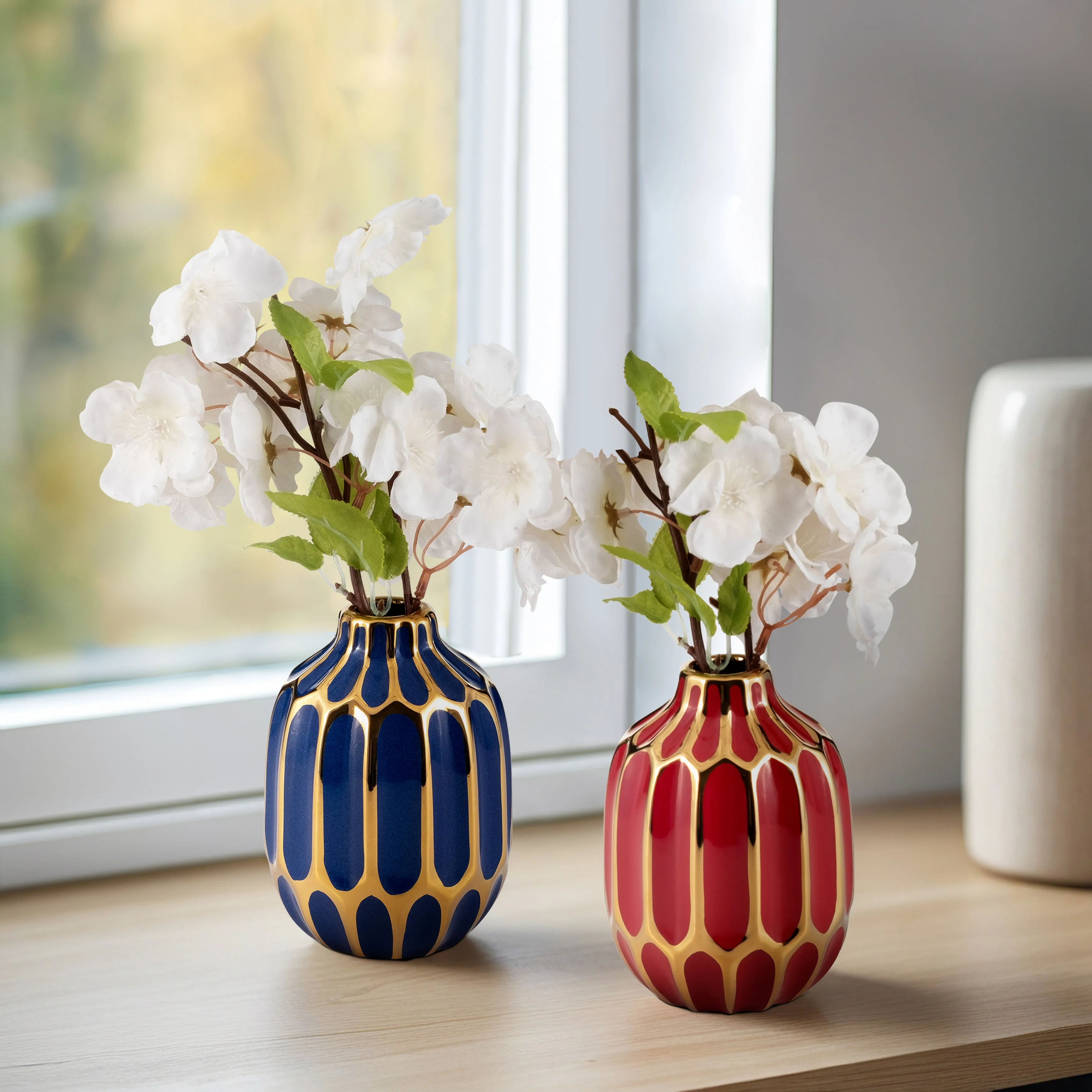 CERAMIC VASE, 5"H, S/2, NAVY/RED