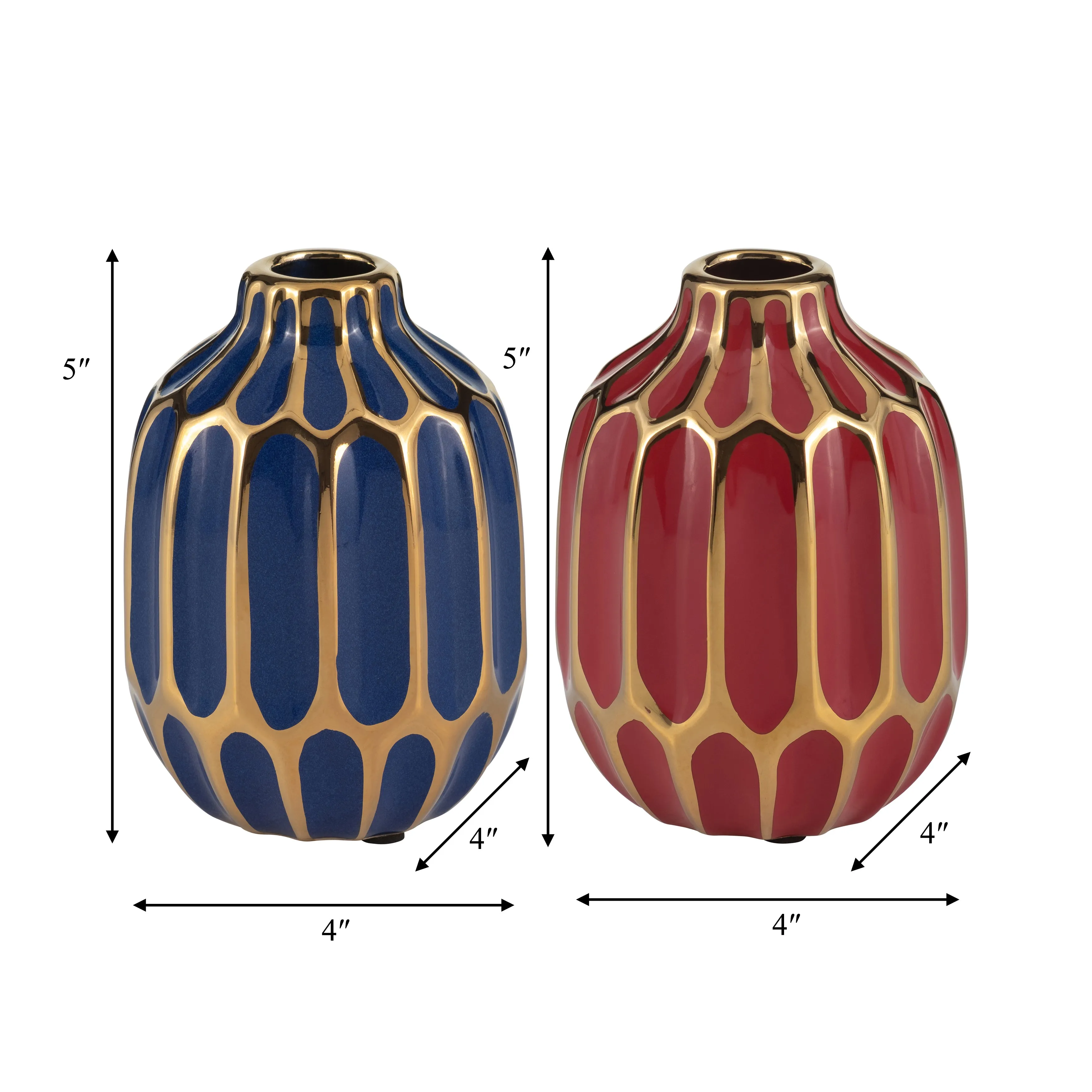 CERAMIC VASE, 5"H, S/2, NAVY/RED