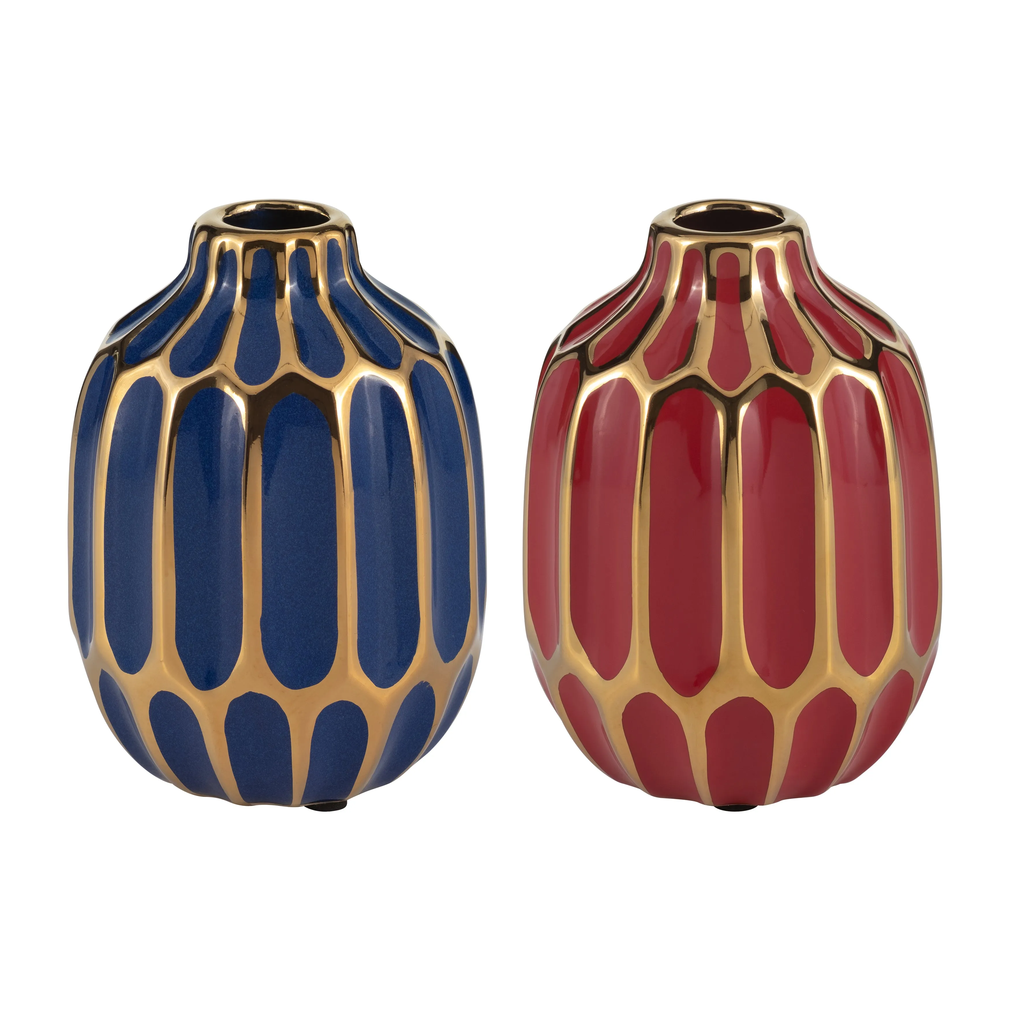 CERAMIC VASE, 5"H, S/2, NAVY/RED
