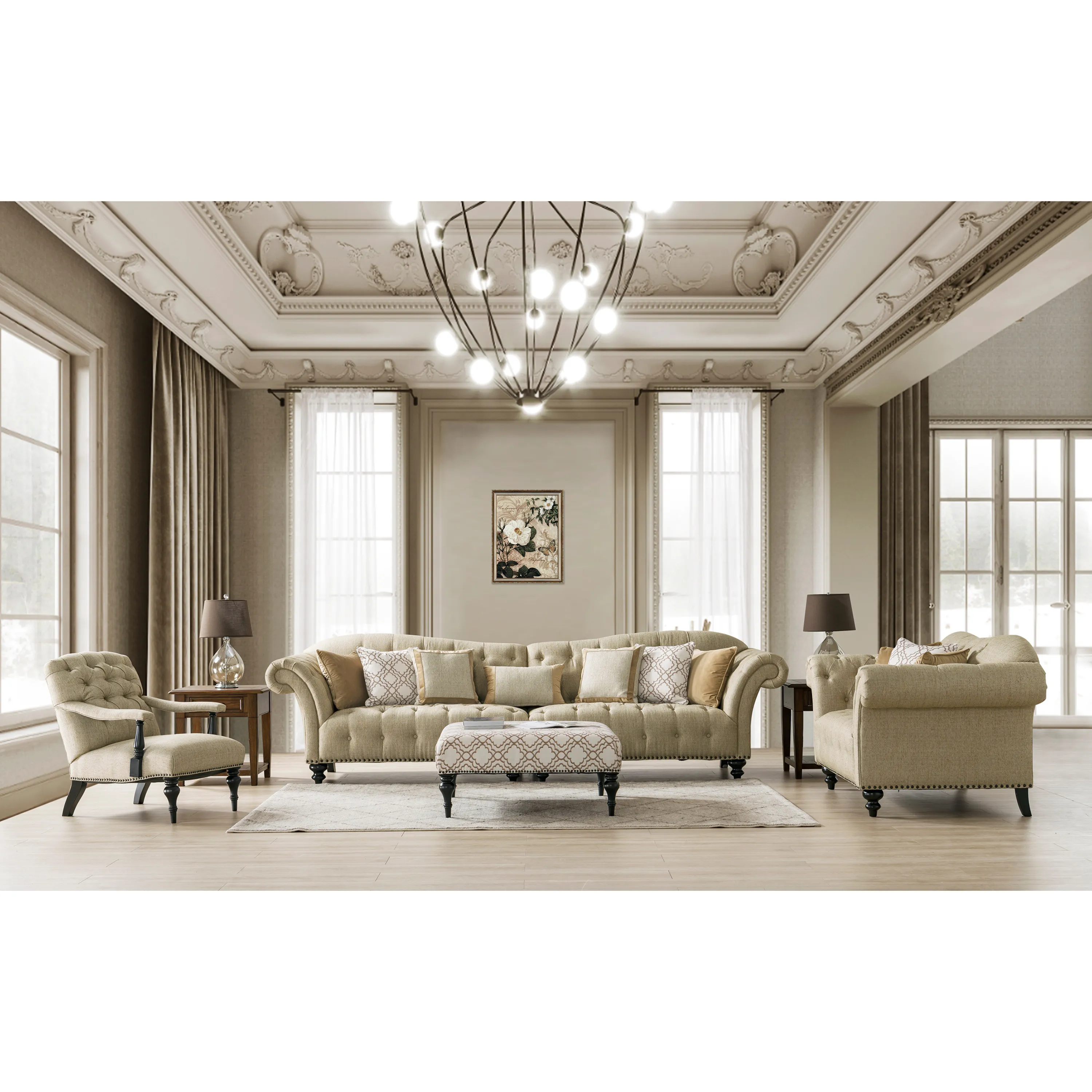 Classic Beige Patterned Ottoman