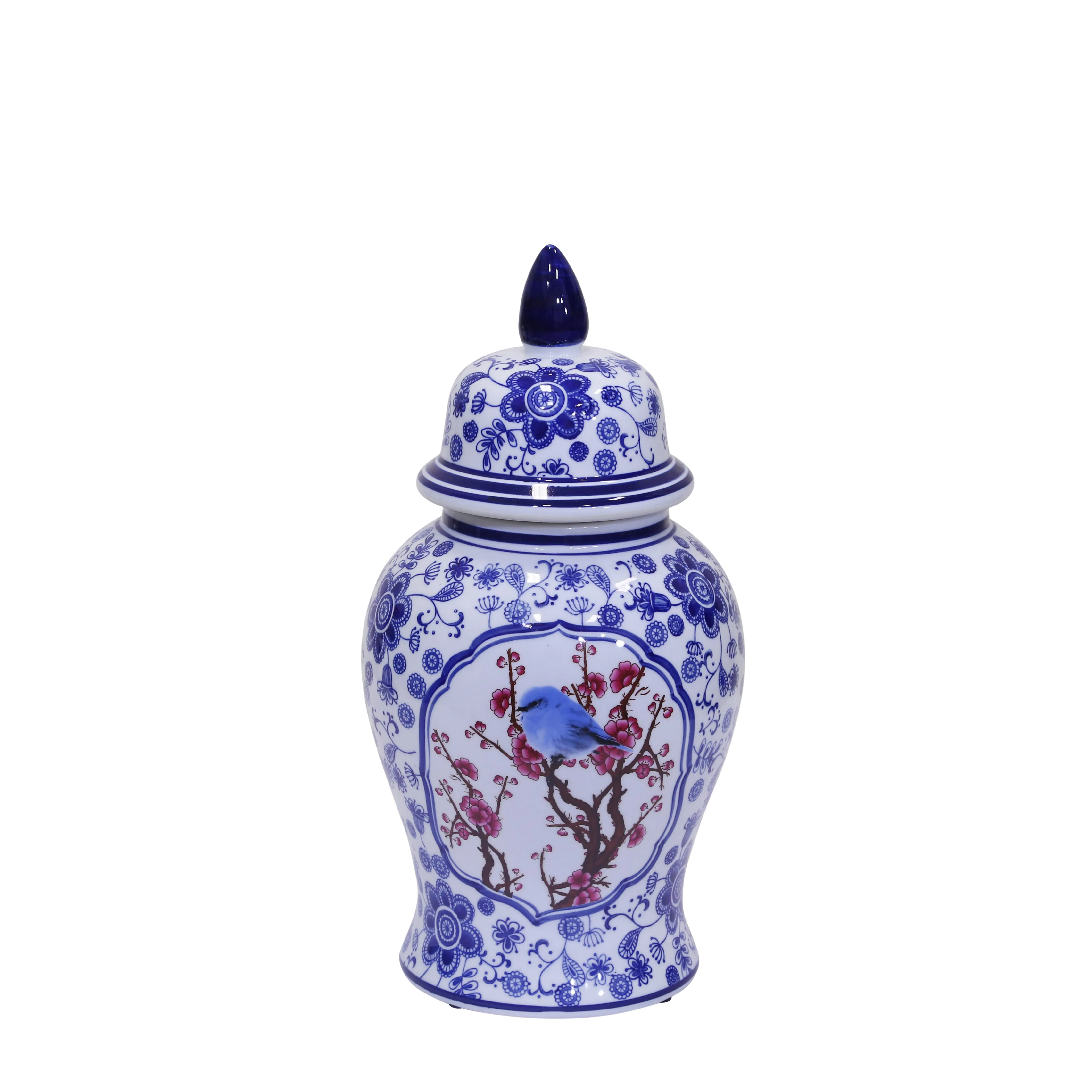 Decorative Ceramic Temple Jar, Blue/White/Crimson