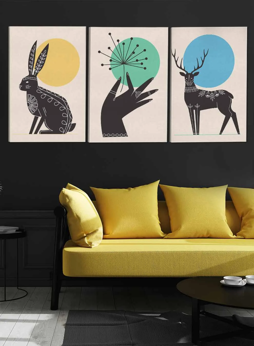 Deer And Hare And Hand Abstract Paintings(set of 3)