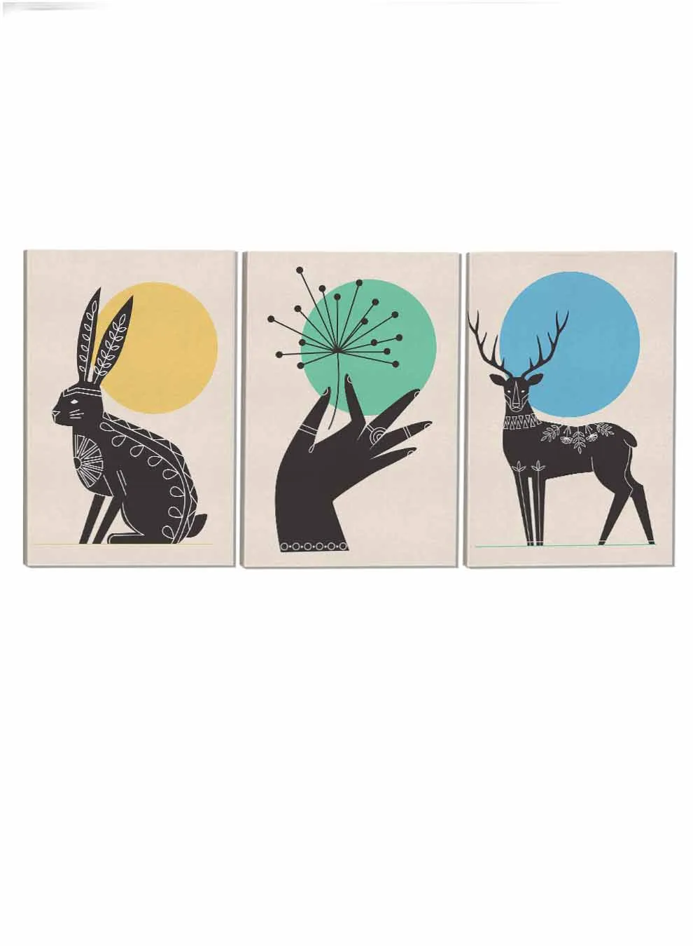 Deer And Hare And Hand Abstract Paintings(set of 3)