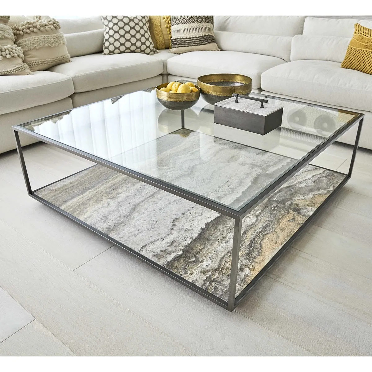 Floating Plane Cocktail Table - Travertine/Bronze, 2 Cartons