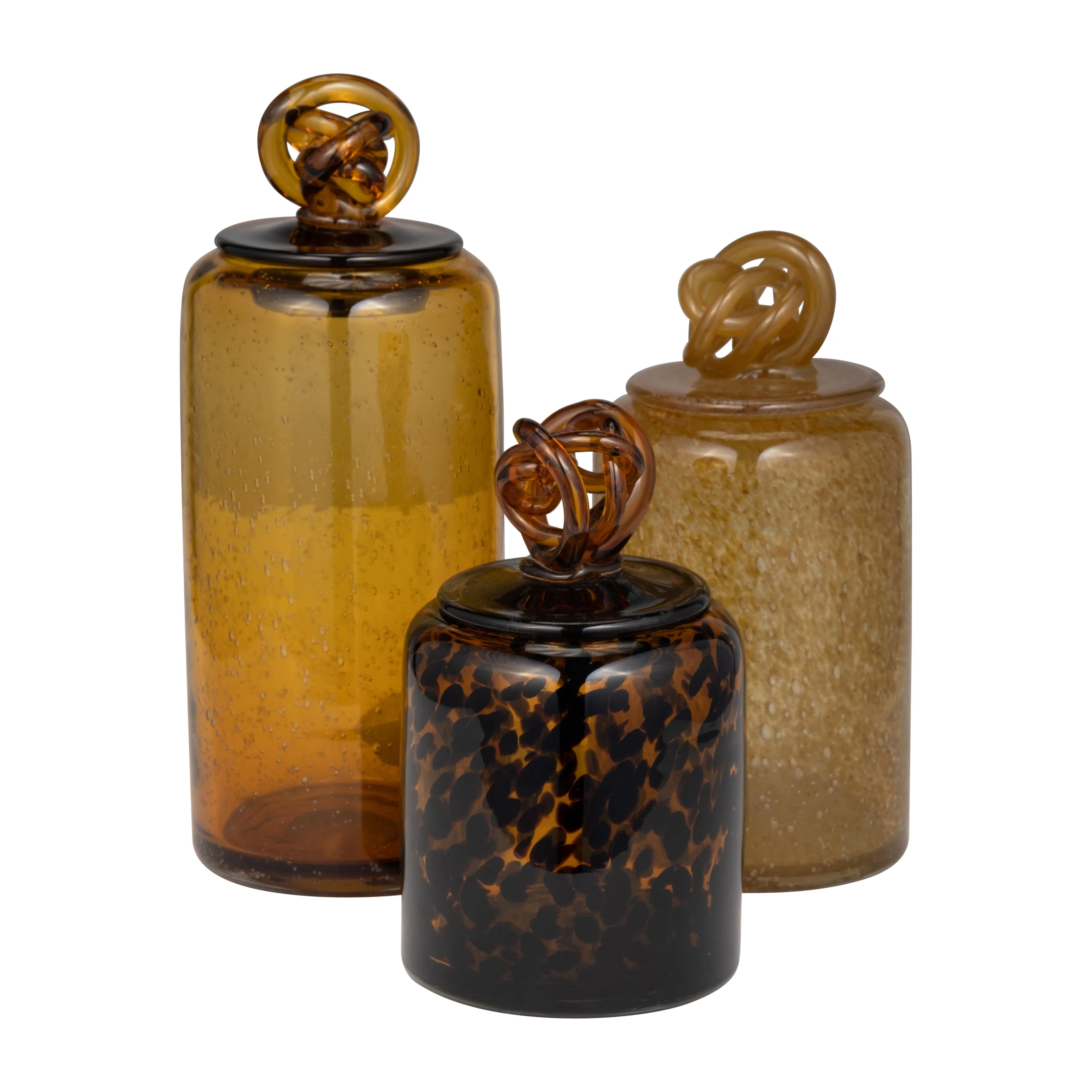GLASS, 10" JAR W/ KNOT LID AMBER BUBBLE