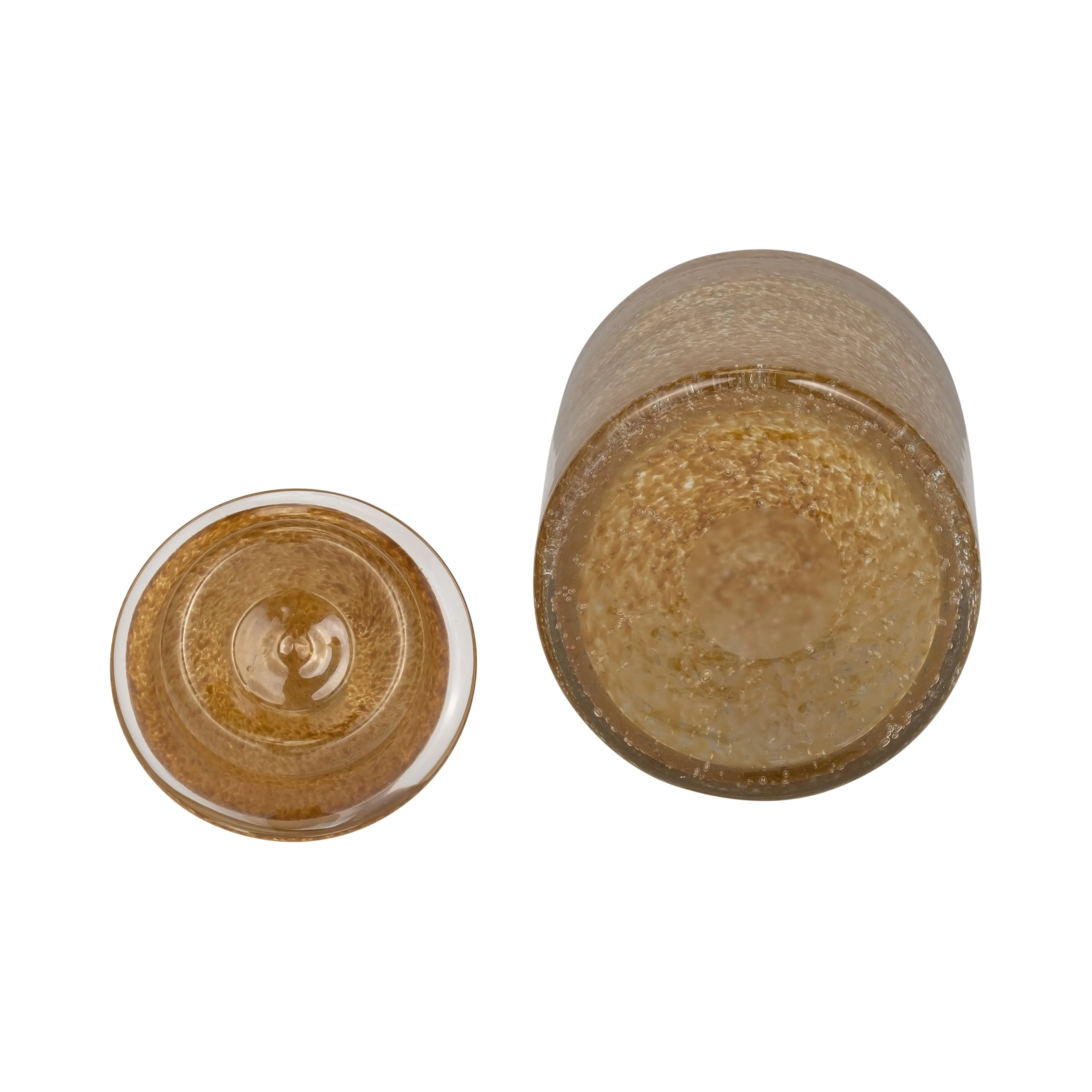 GLASS, 10" JAR W/ KNOT LID AMBER BUBBLE
