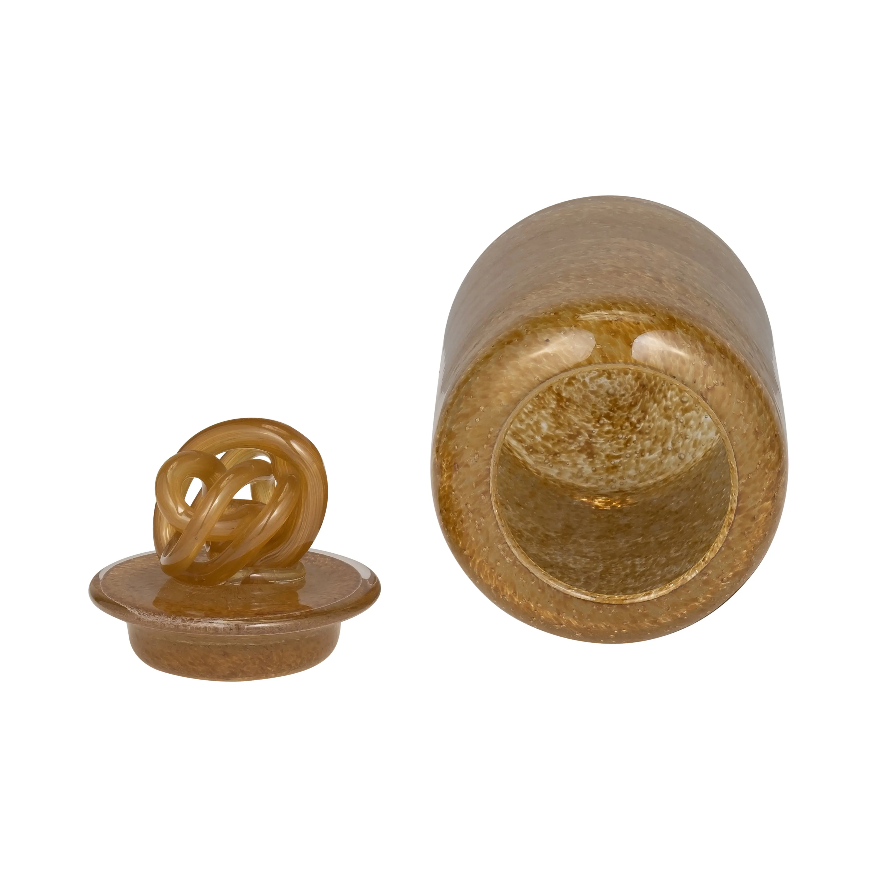 GLASS, 10" JAR W/ KNOT LID AMBER BUBBLE