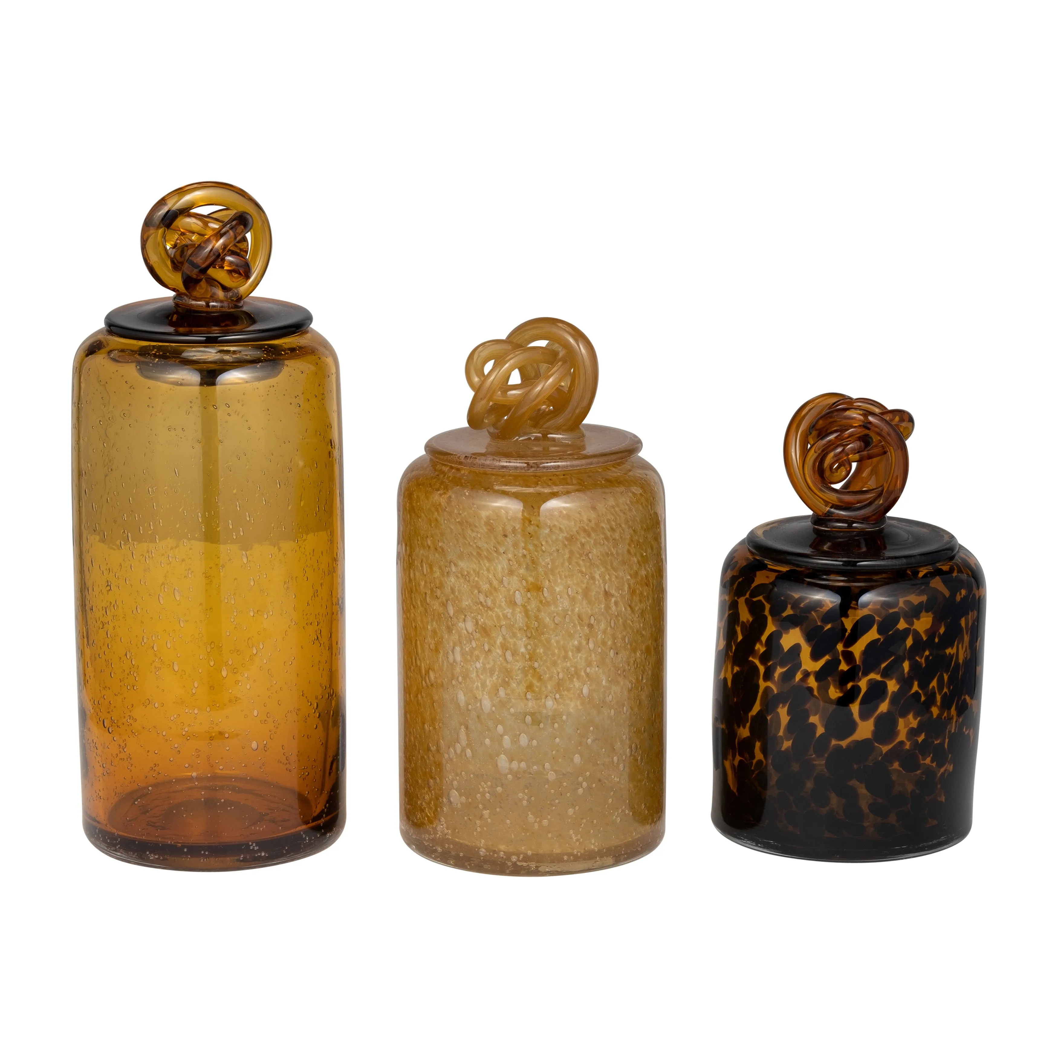 GLASS, 10" JAR W/ KNOT LID AMBER BUBBLE