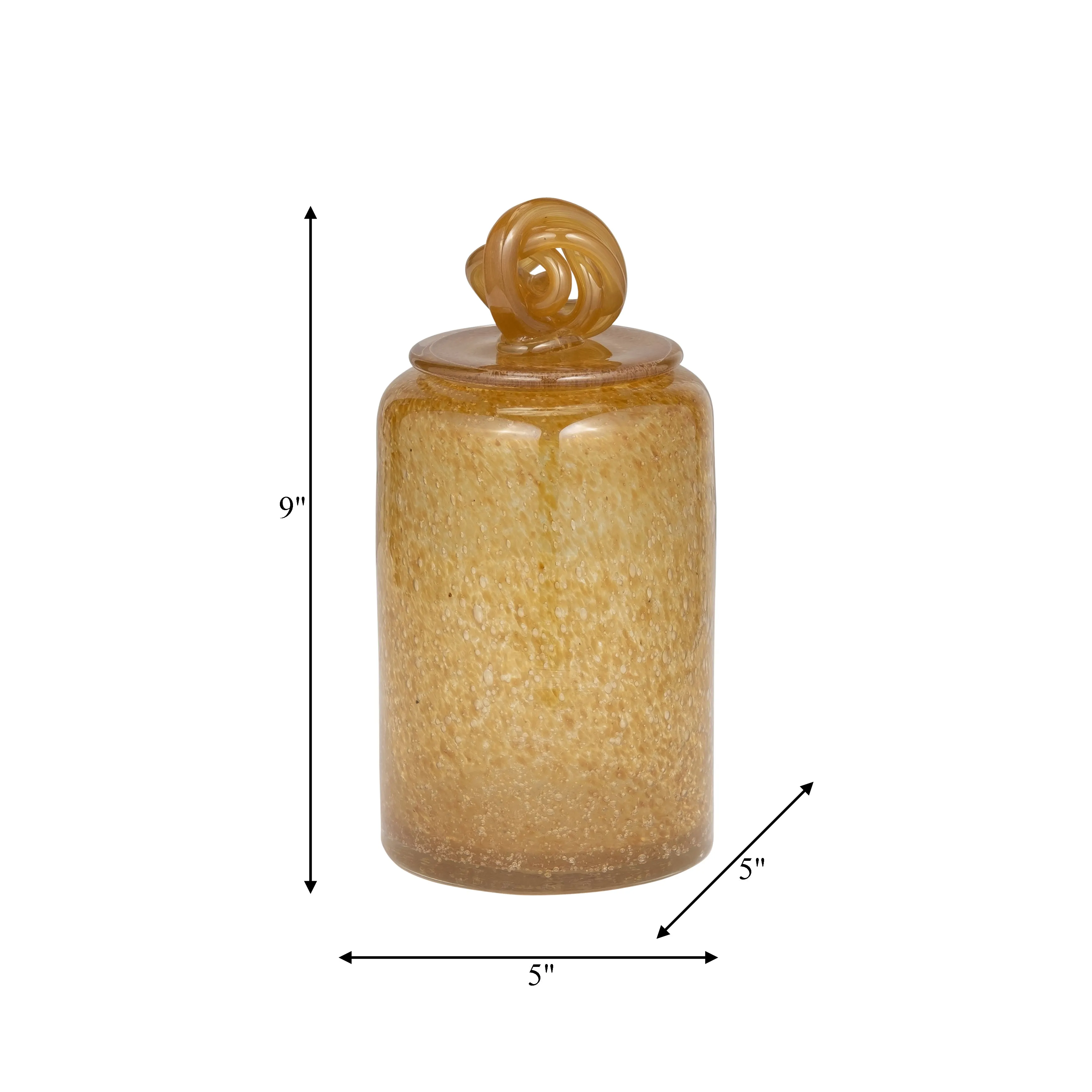 GLASS, 10" JAR W/ KNOT LID AMBER BUBBLE