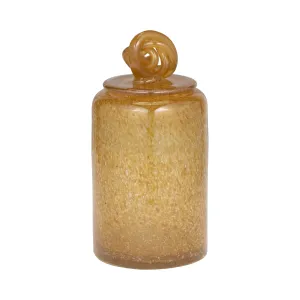 GLASS, 10" JAR W/ KNOT LID AMBER BUBBLE