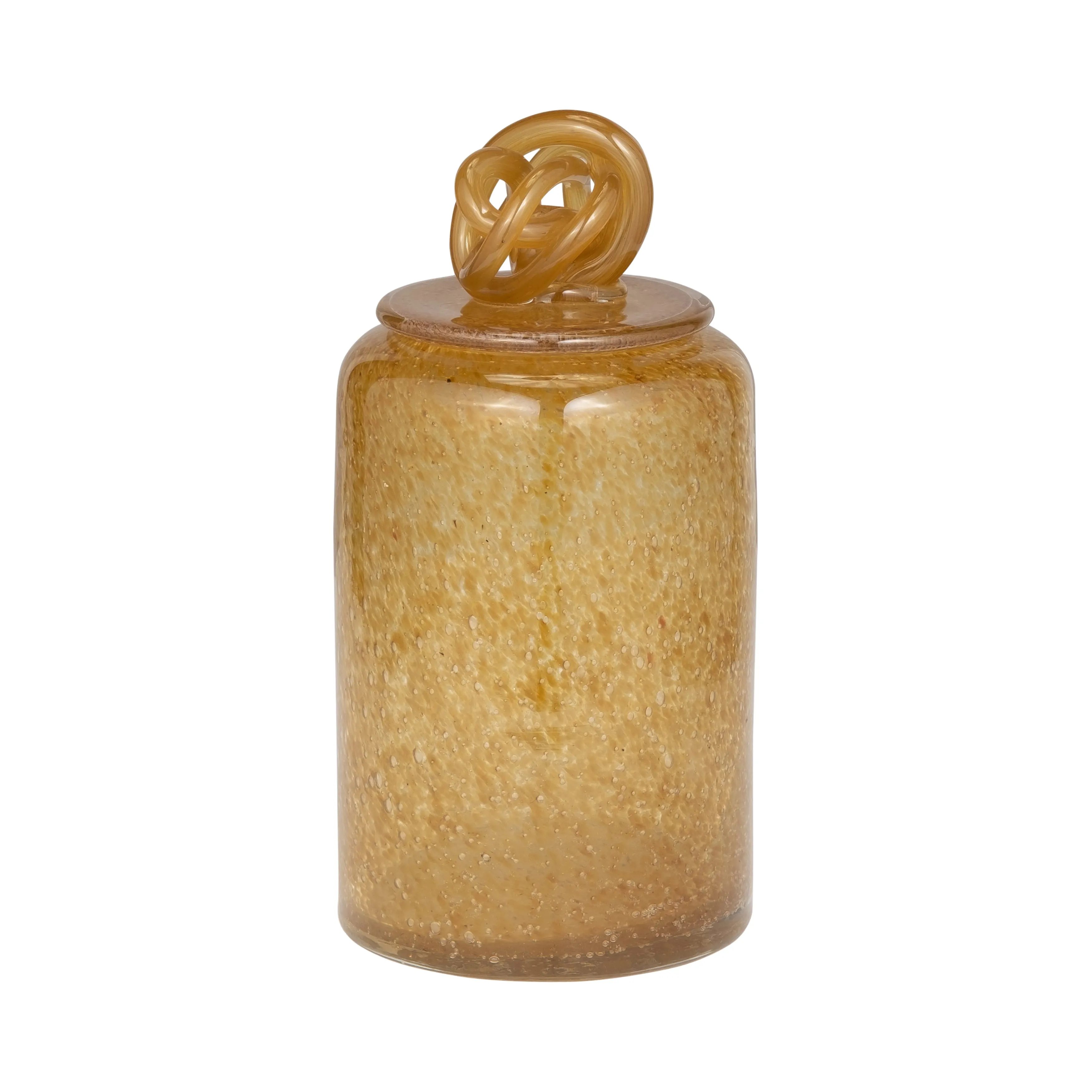 GLASS, 10" JAR W/ KNOT LID AMBER BUBBLE