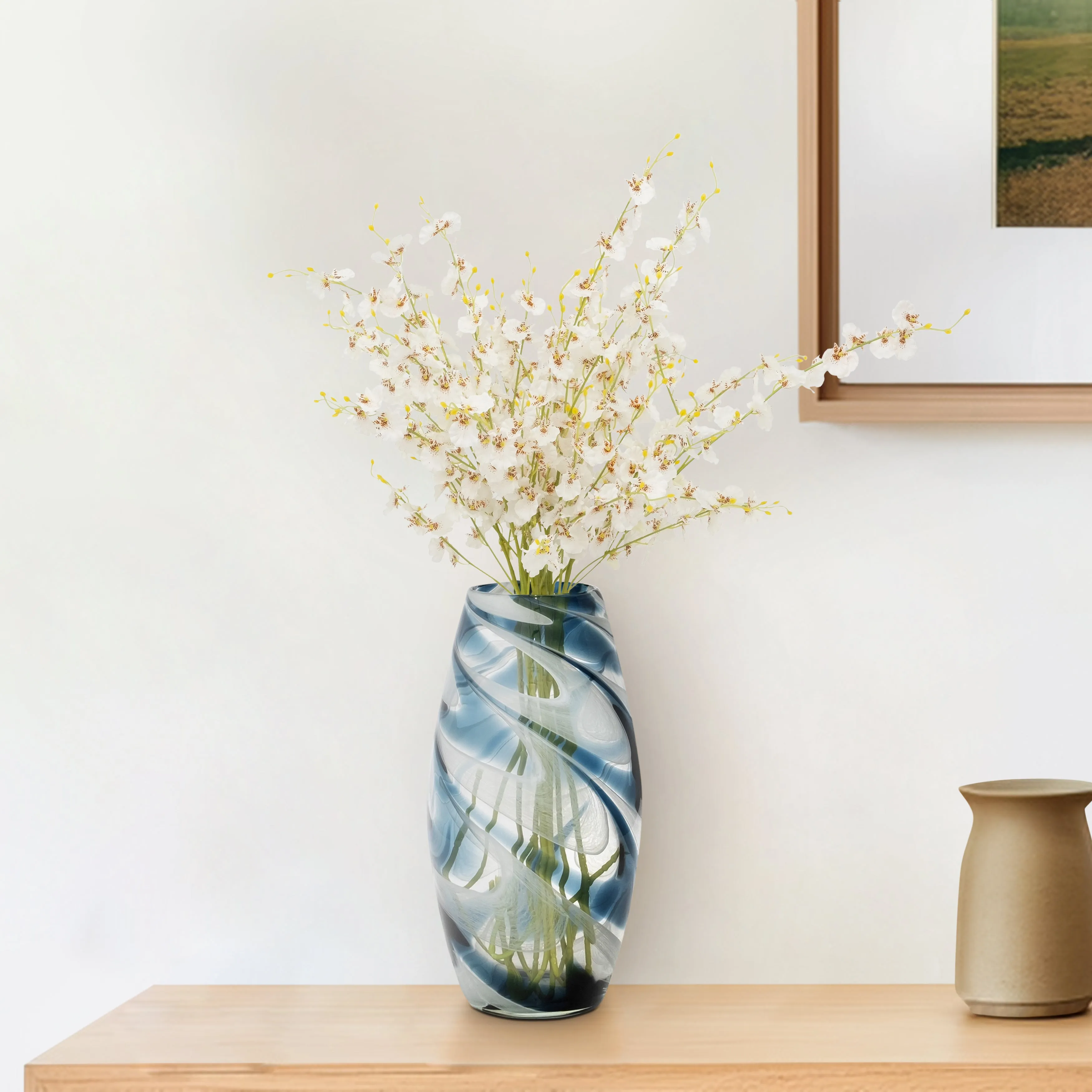 GLASS, 12" SWIRL VASE, BLUE
