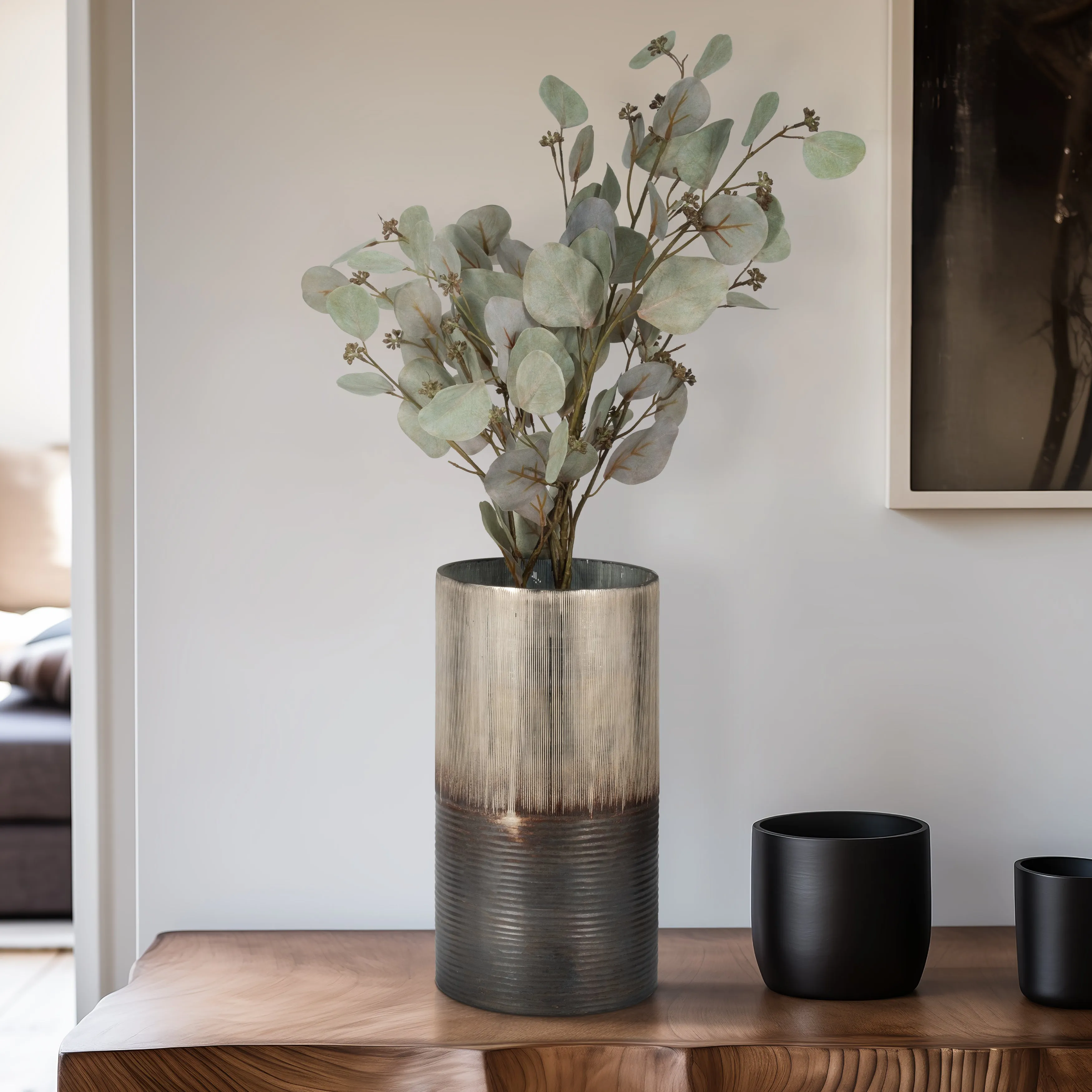 GLASS, 13" METALLIC 2-TONE VASE, SILVER