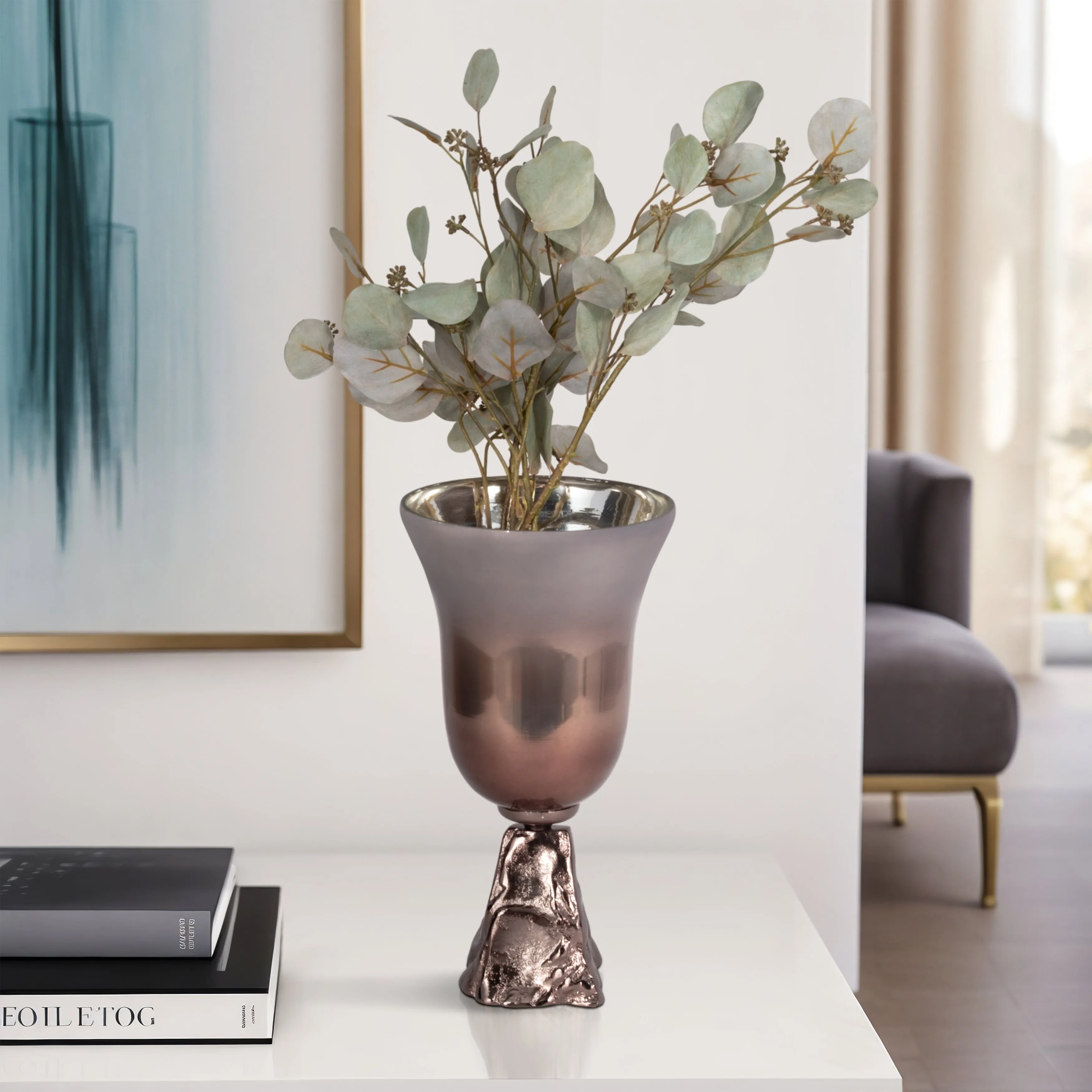 GLASS, 15" 2-TONE CHALICE VASE, METALLIC KD
