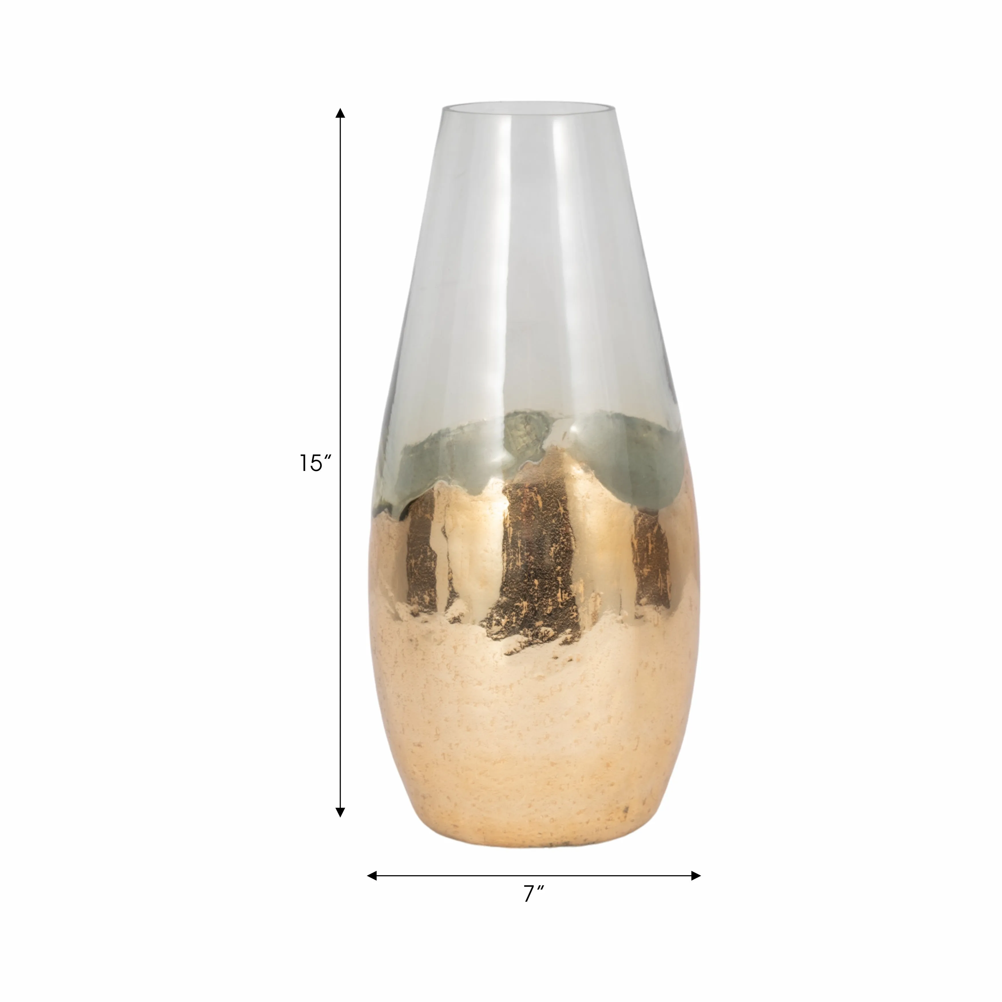 GLASS, 15" GOLD DIPPED VASE, CLEAR