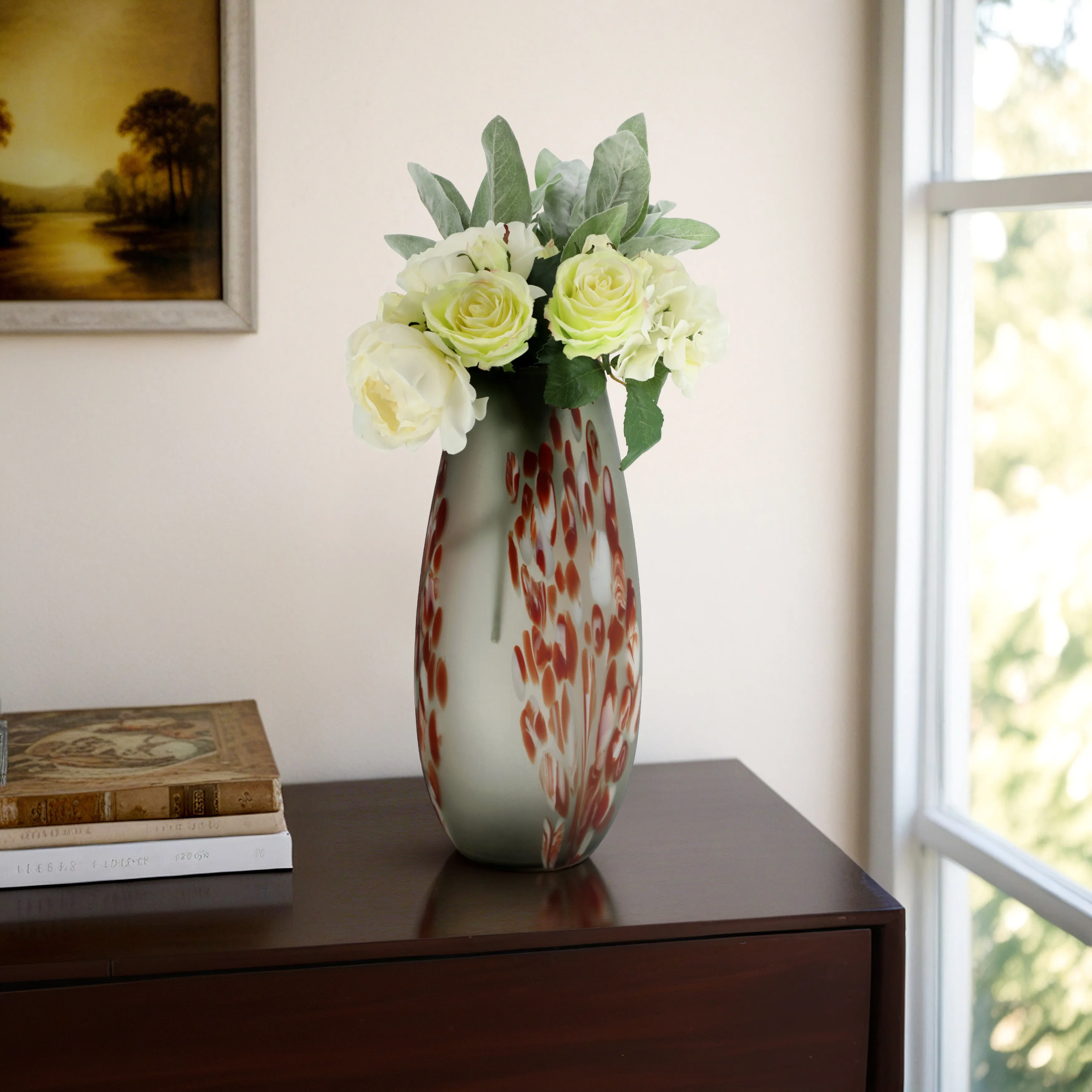 GLASS, 17''H, FROSTED VASE WITH RED DETAIL-GRAY