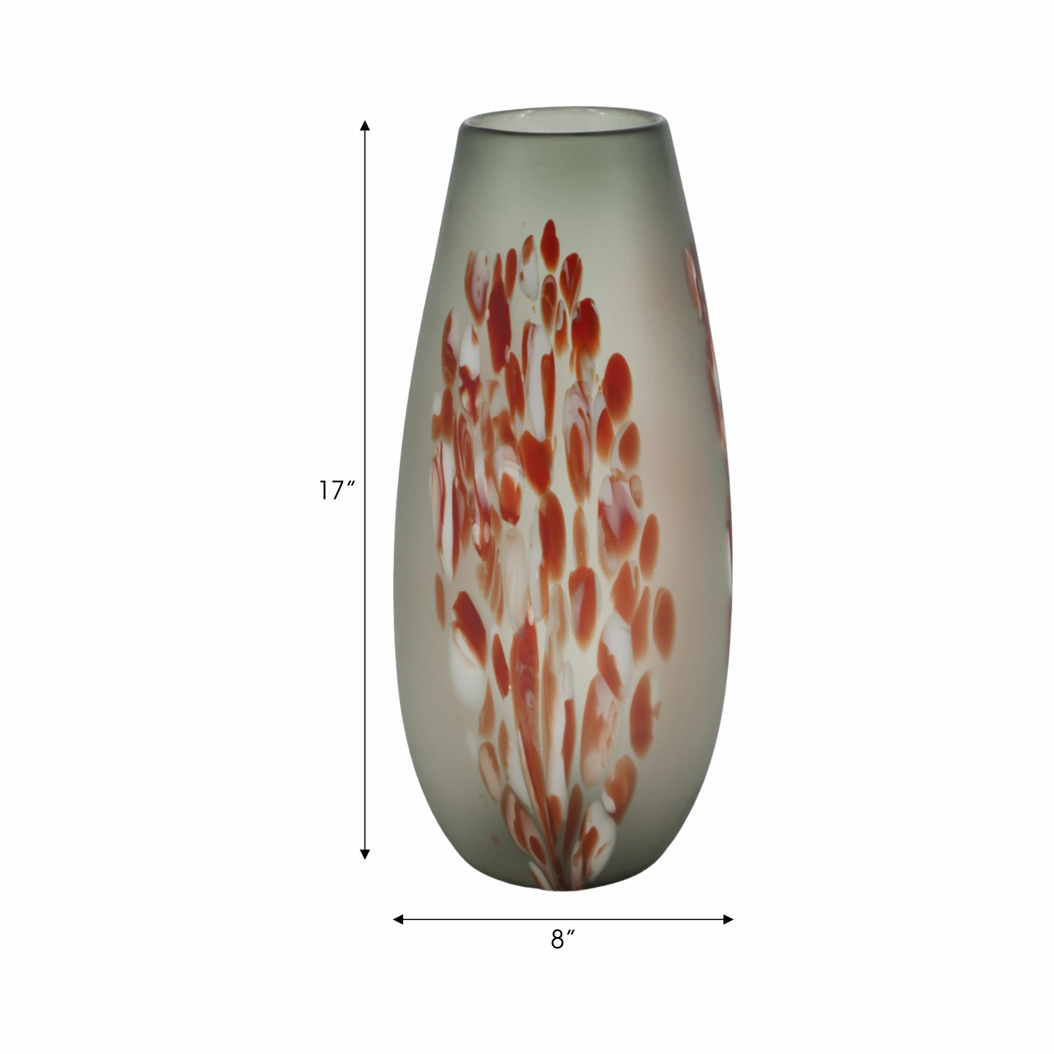 GLASS, 17''H, FROSTED VASE WITH RED DETAIL-GRAY