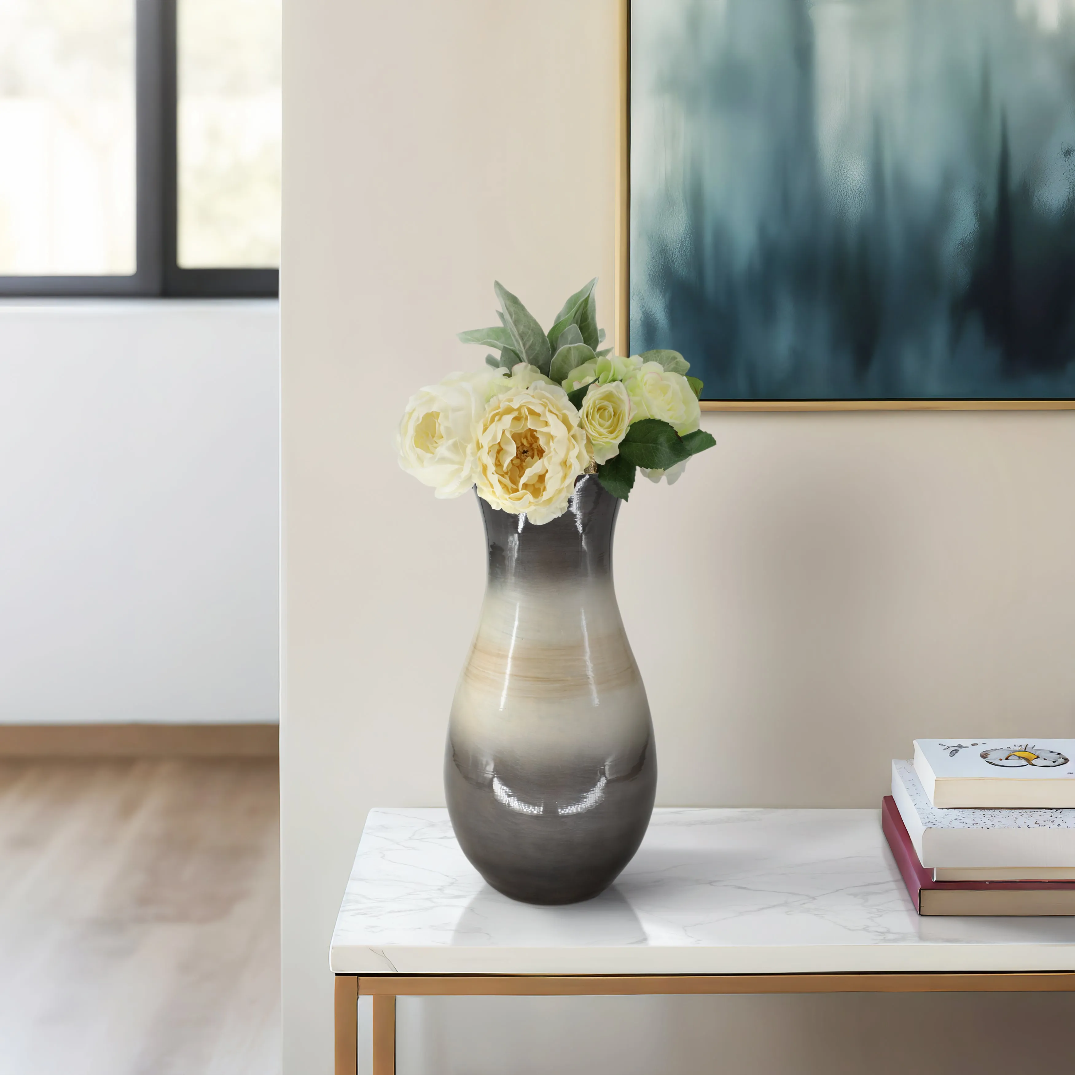 GLASS, 18" VASE WITH METAL RIM, MULTI