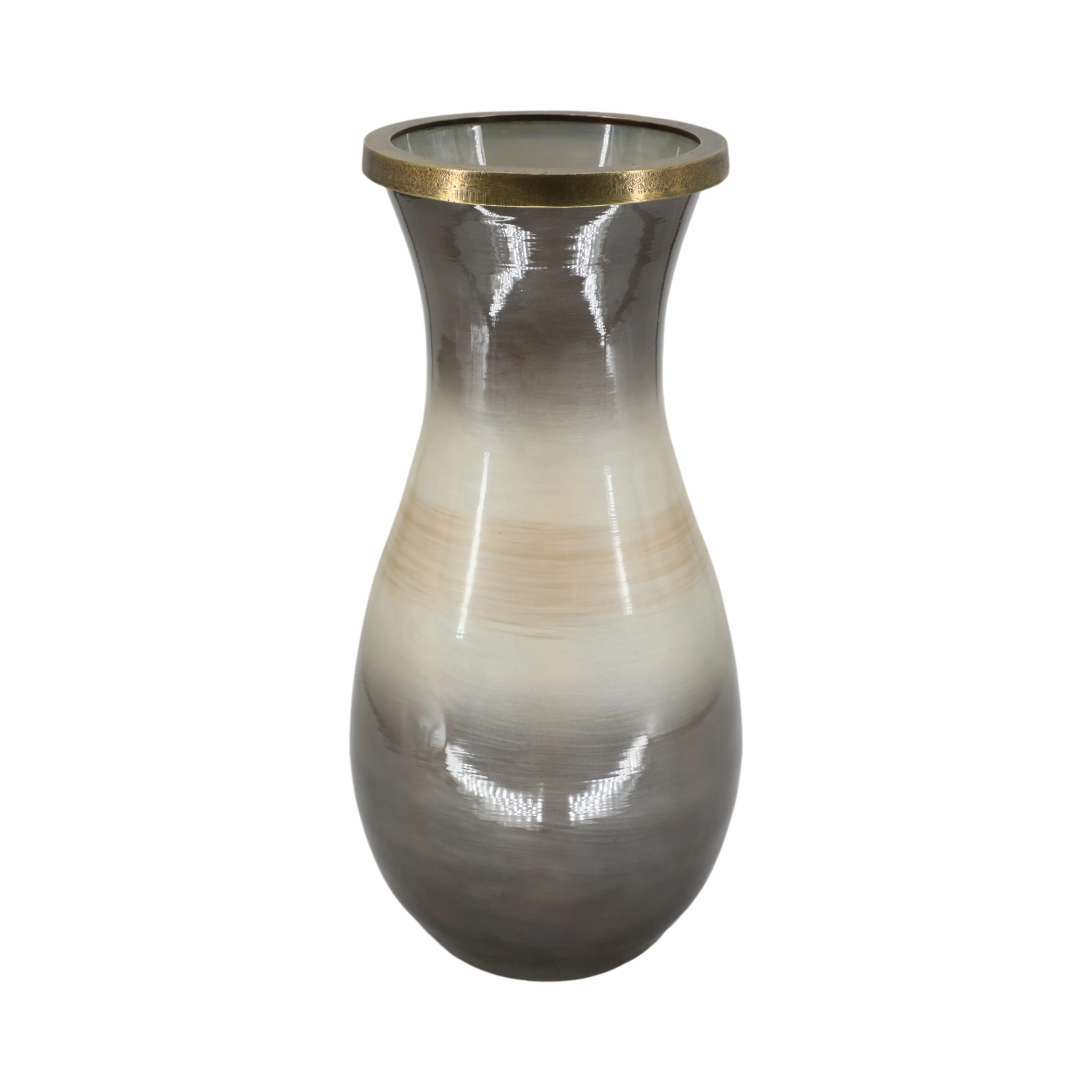 GLASS, 18" VASE WITH METAL RIM, MULTI