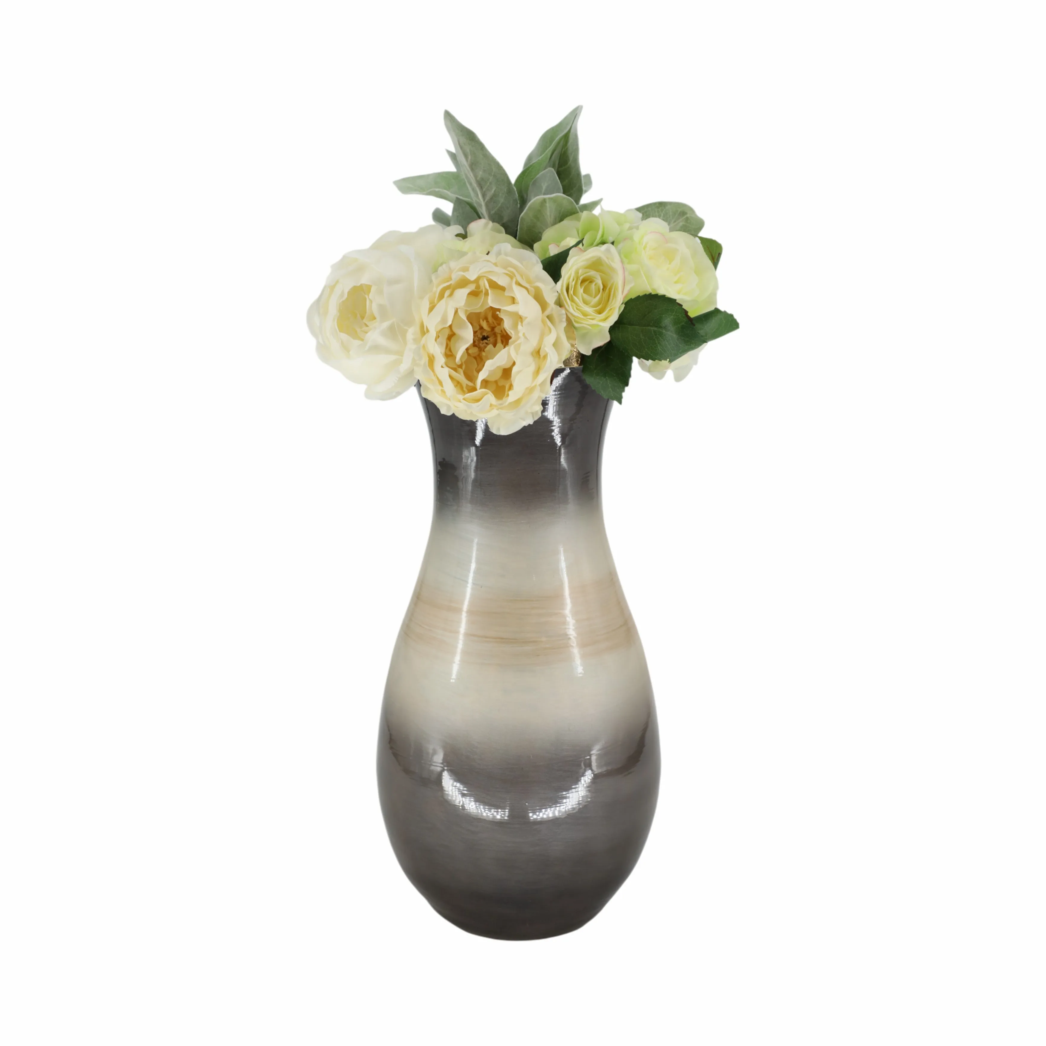 GLASS, 18" VASE WITH METAL RIM, MULTI