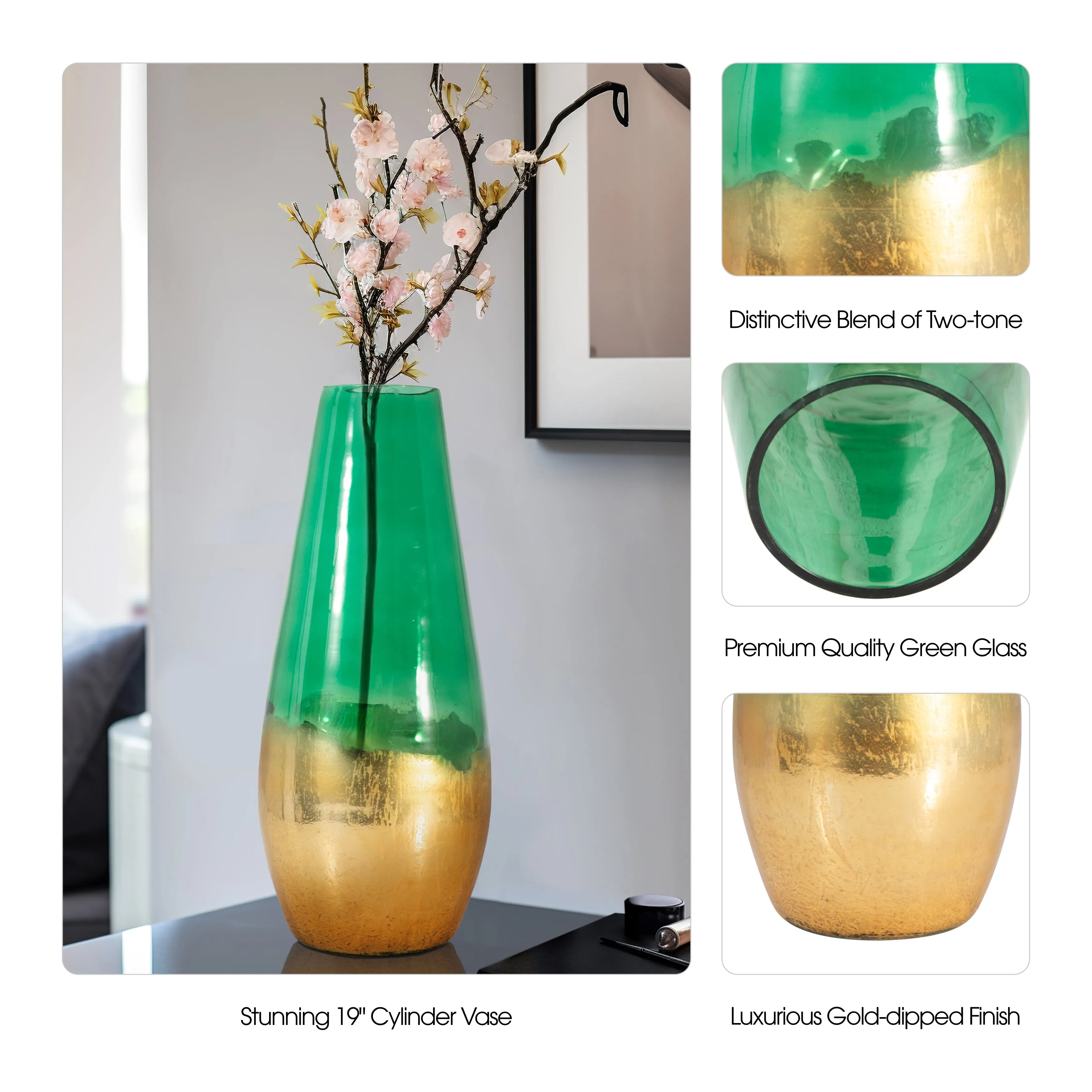 GLASS, 19" GOLD DIPPED VASE, GREEN