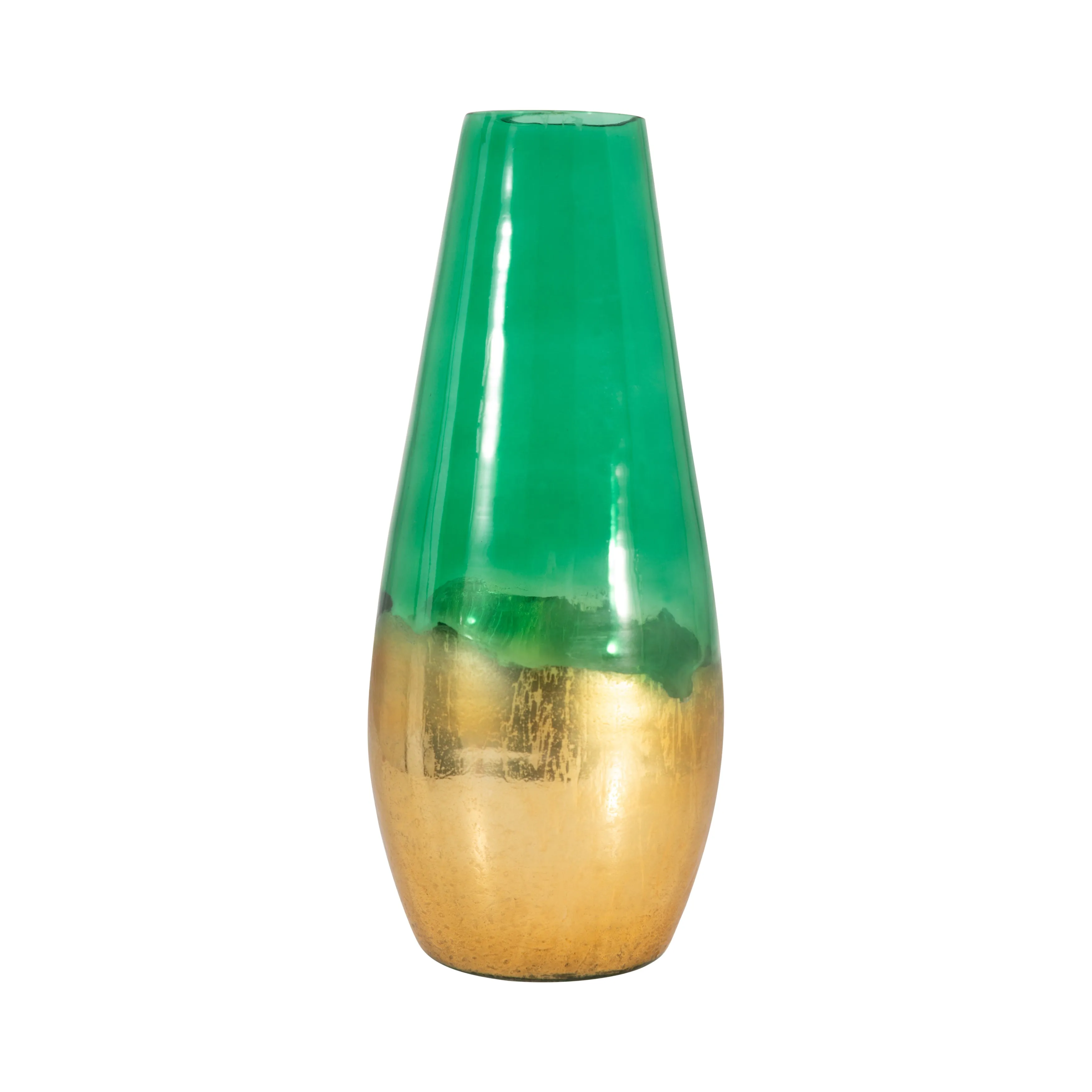 GLASS, 19" GOLD DIPPED VASE, GREEN