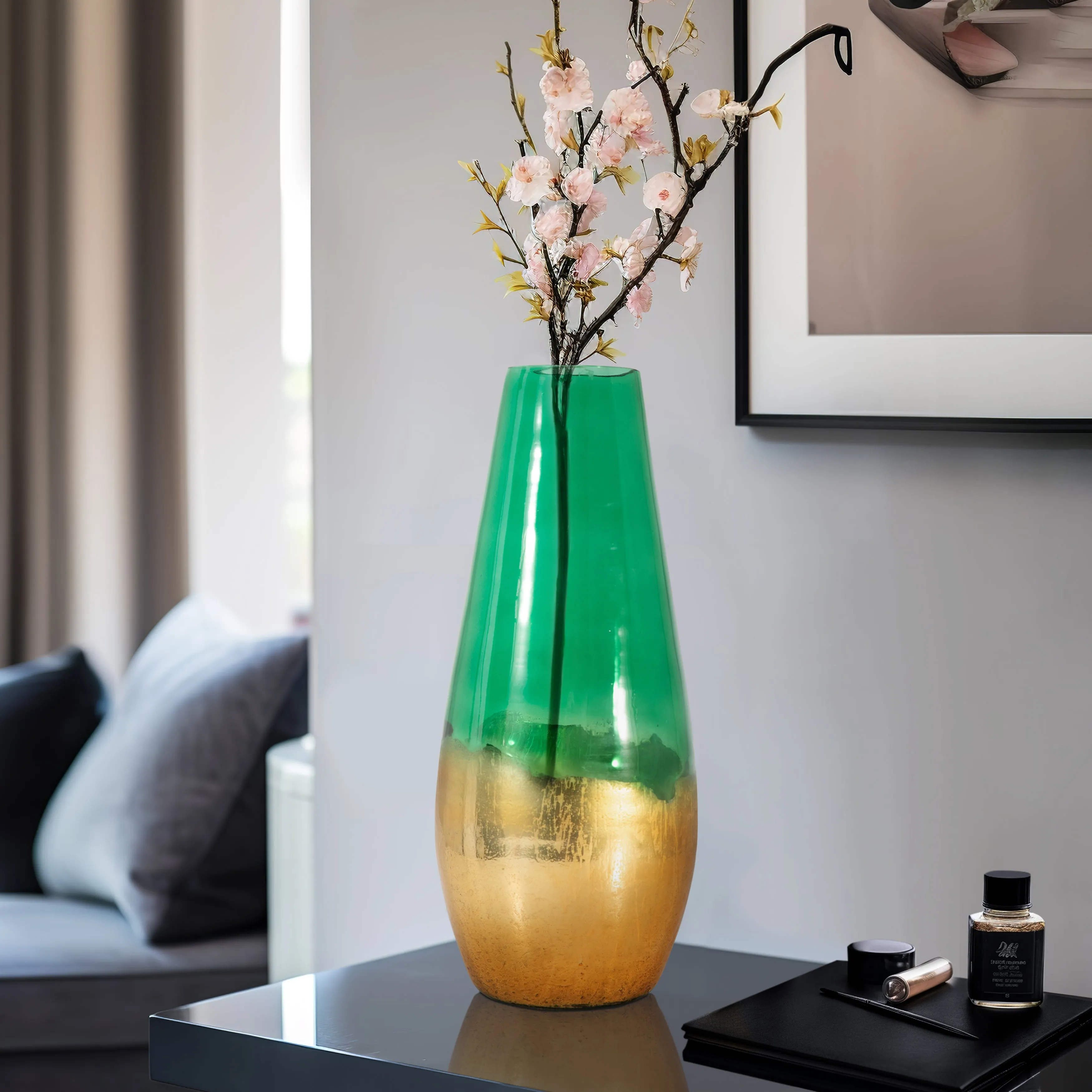 GLASS, 19" GOLD DIPPED VASE, GREEN