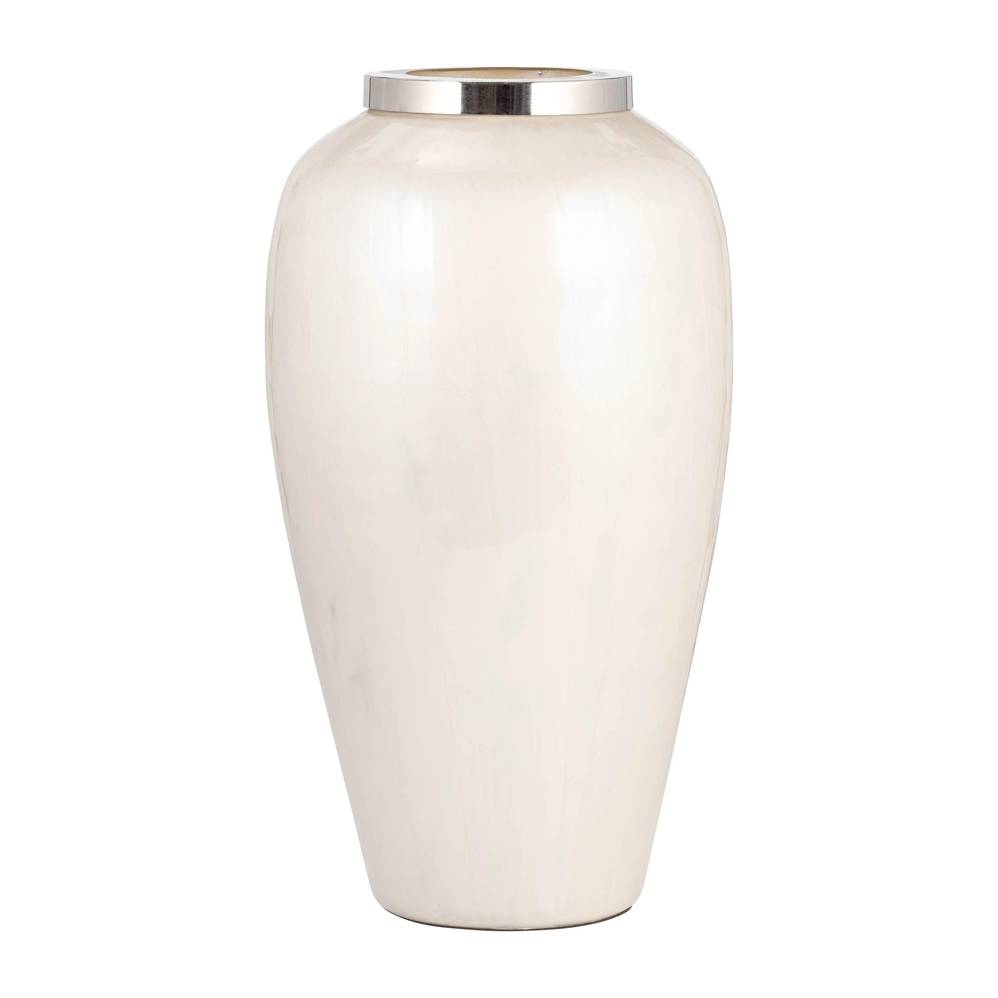 GLASS, 20"H VASE W/ METAL RING, PEARL