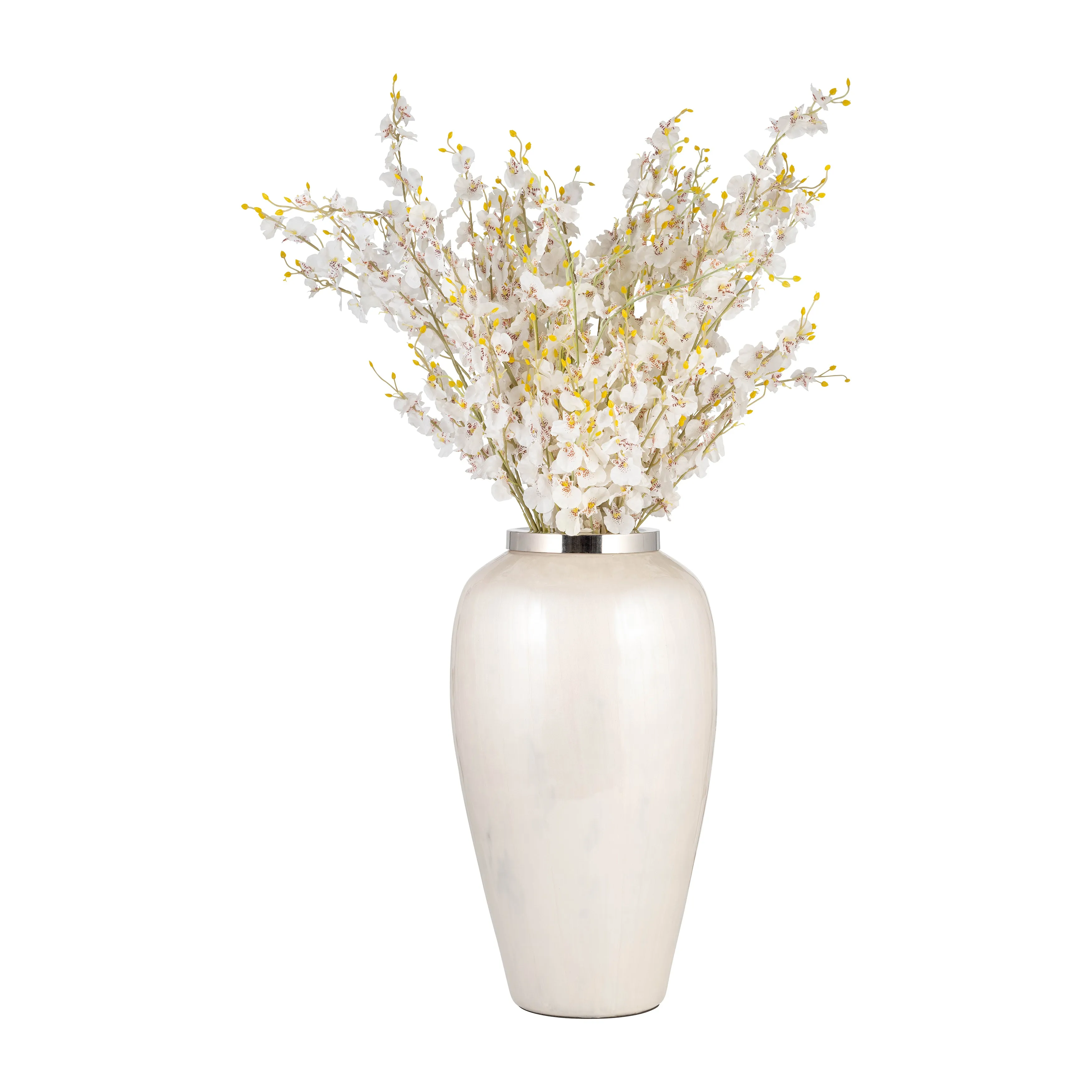 GLASS, 20"H VASE W/ METAL RING, PEARL