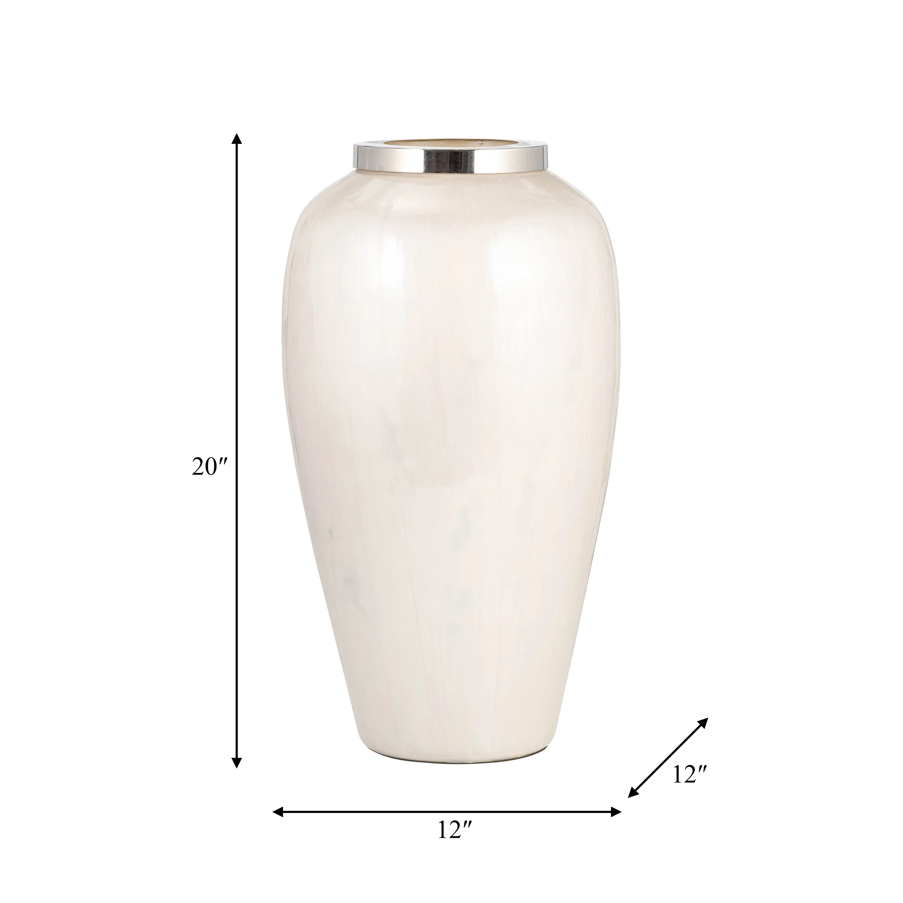 GLASS, 20"H VASE W/ METAL RING, PEARL