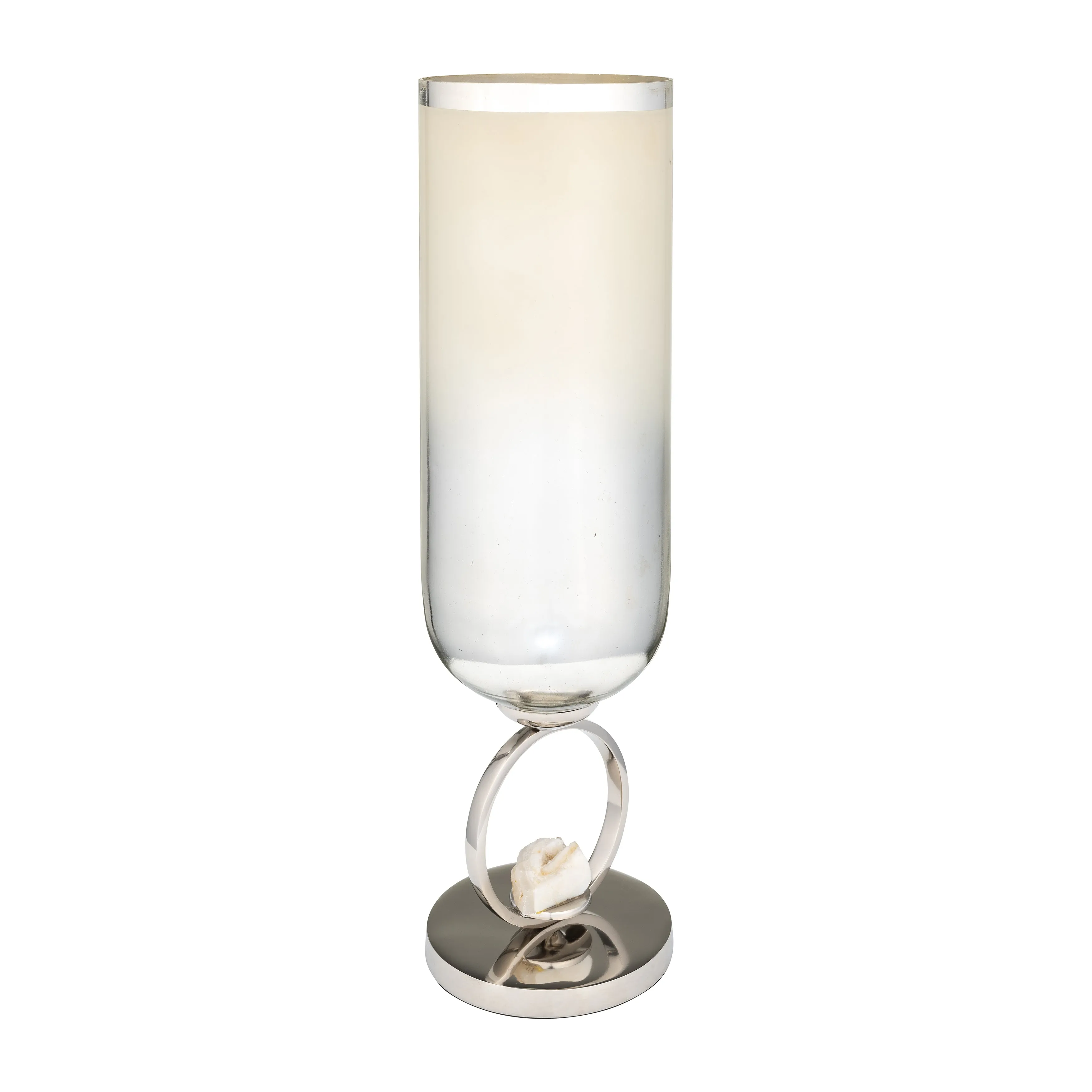 GLASS, 21" VASE W/ METAL BASE STONE ACCENT, PEARL