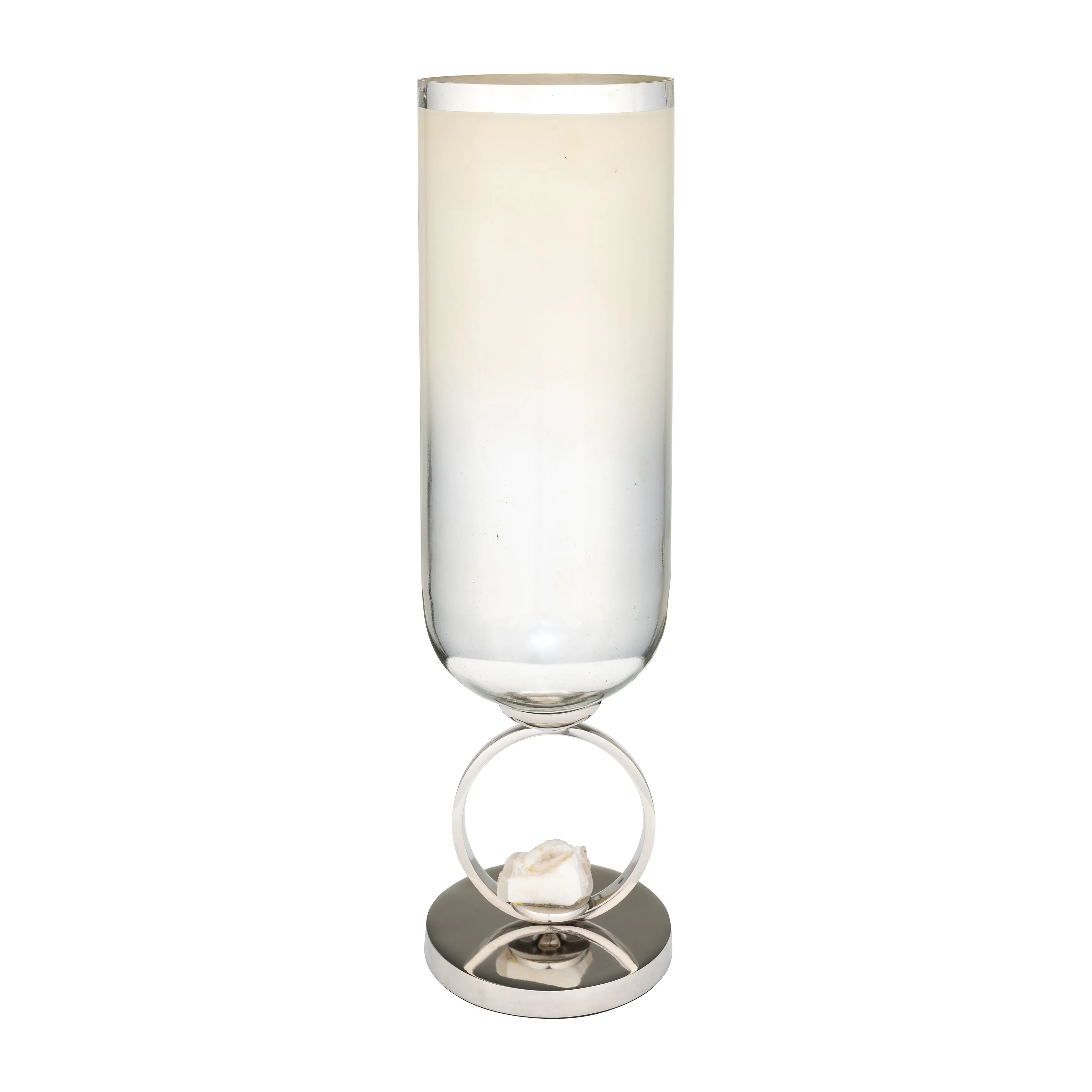 GLASS, 21" VASE W/ METAL BASE STONE ACCENT, PEARL