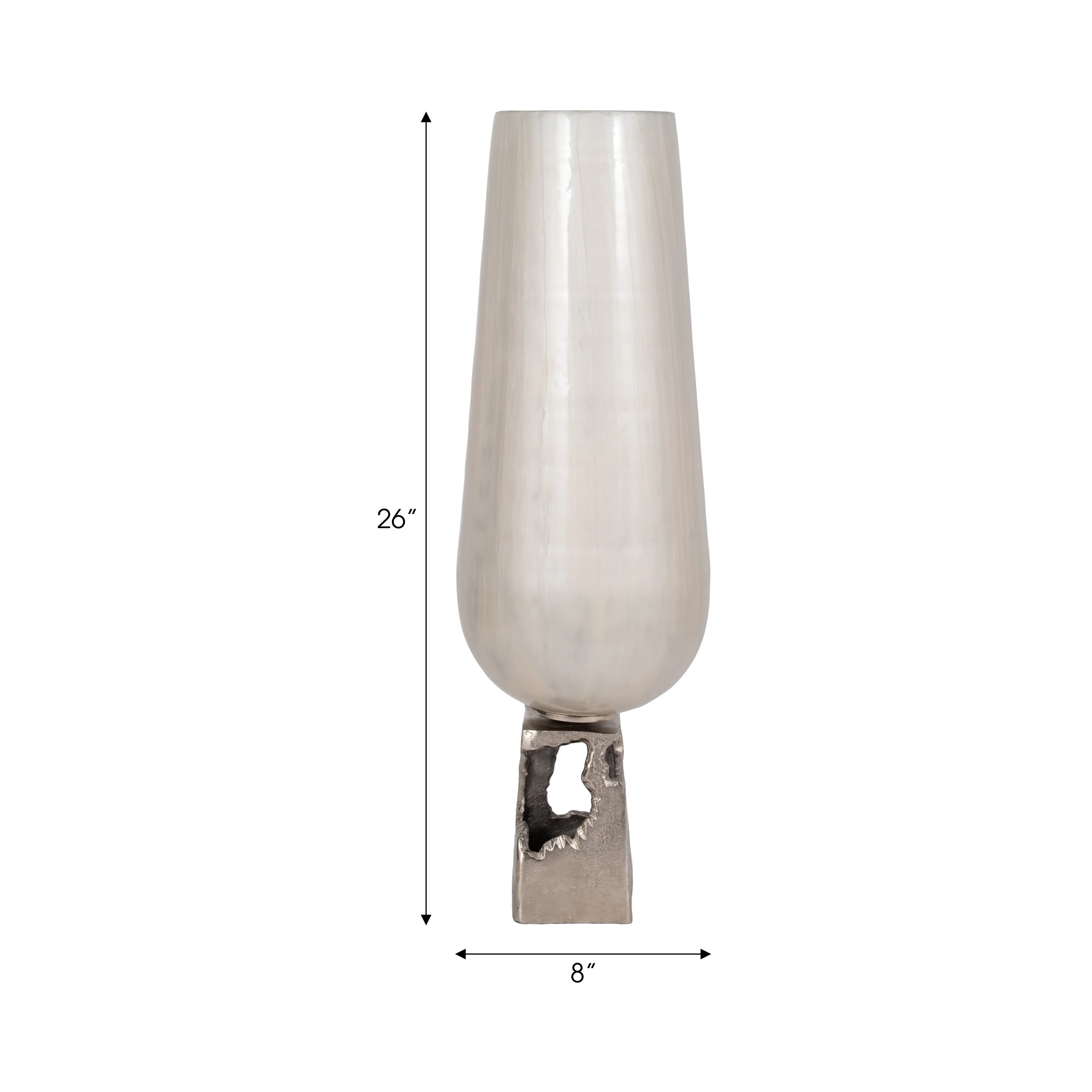 GLASS, 26"H VASE W/ METAL BASE, PERAL WHITE