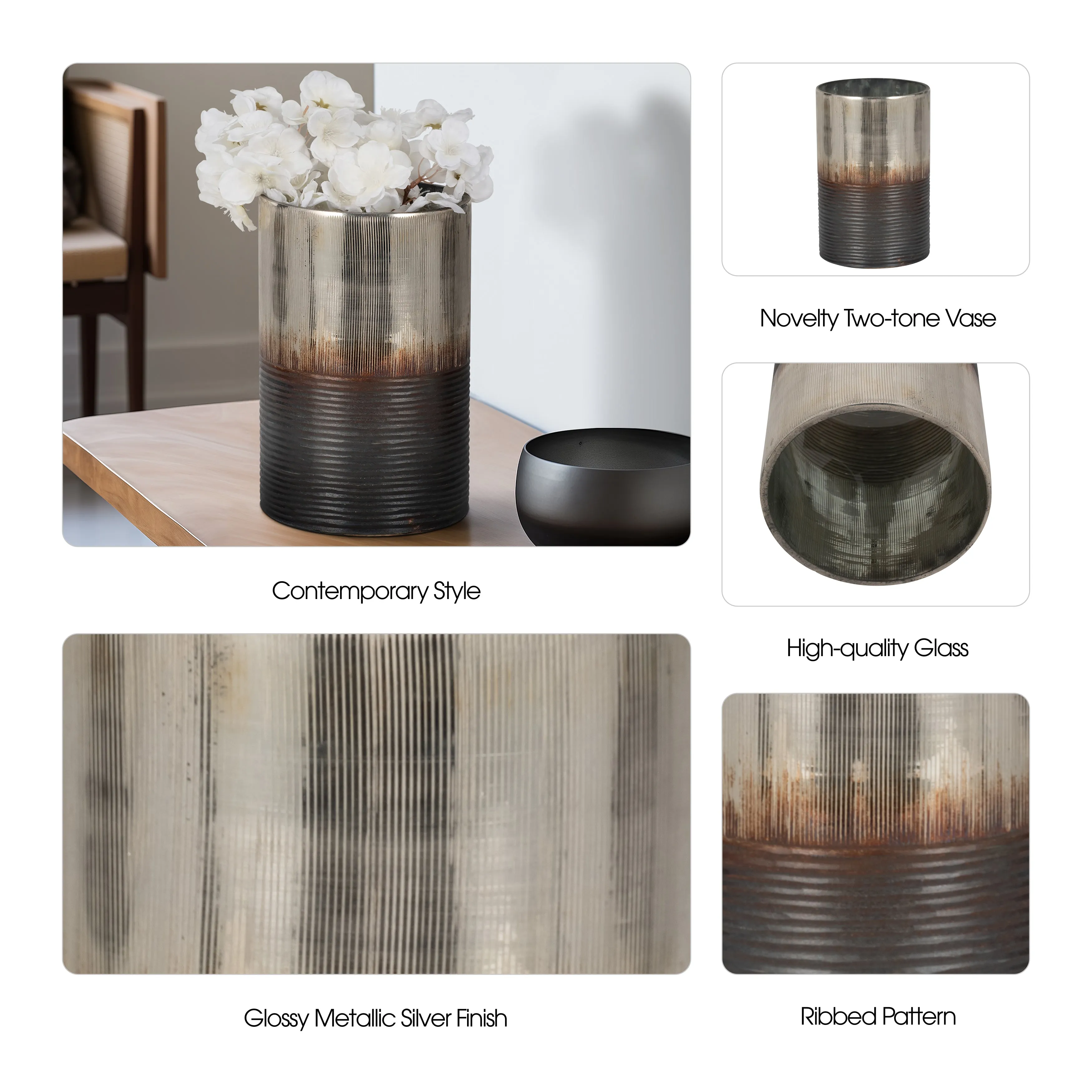 GLASS, 9" METALLIC 2-TONE VASE, SILVER