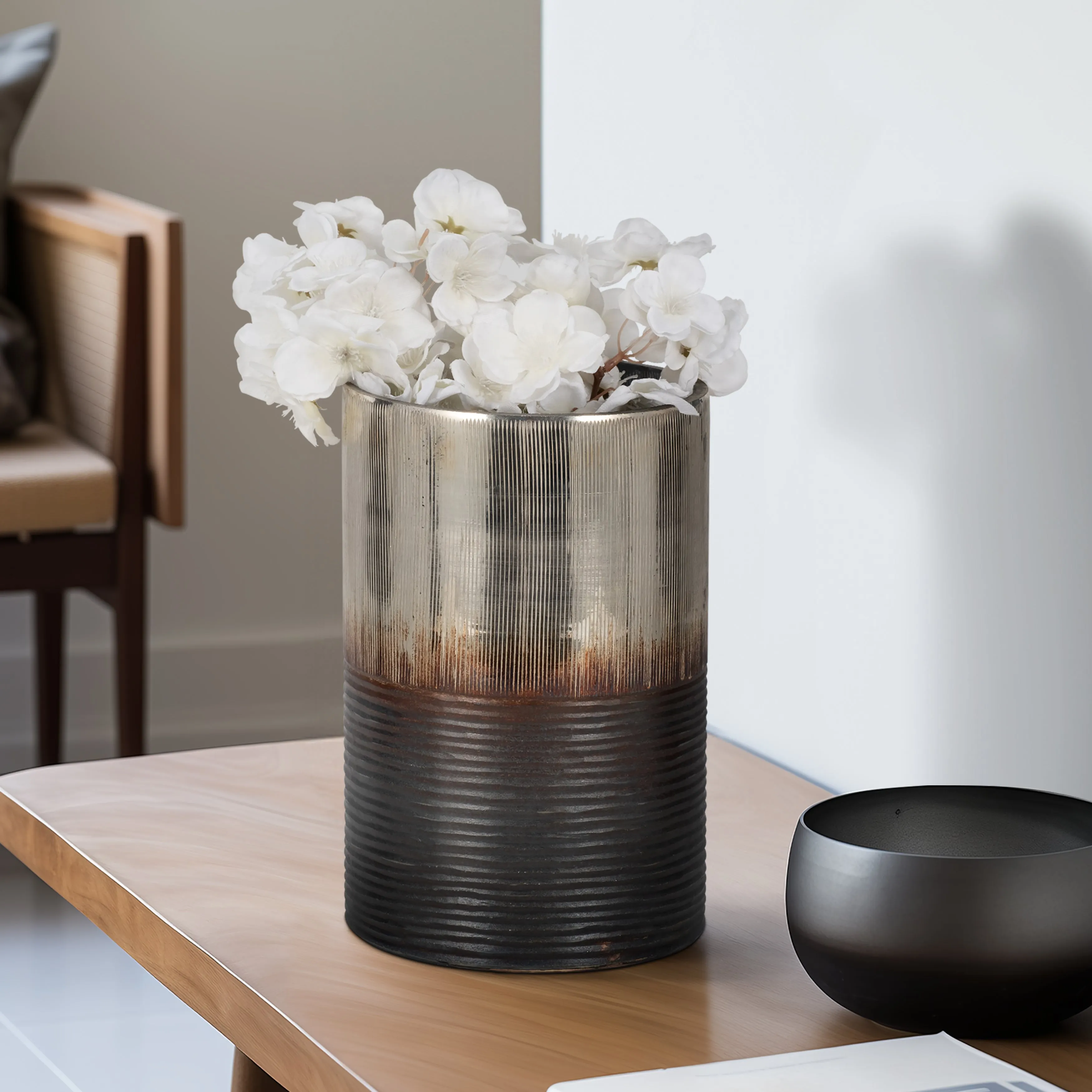 GLASS, 9" METALLIC 2-TONE VASE, SILVER