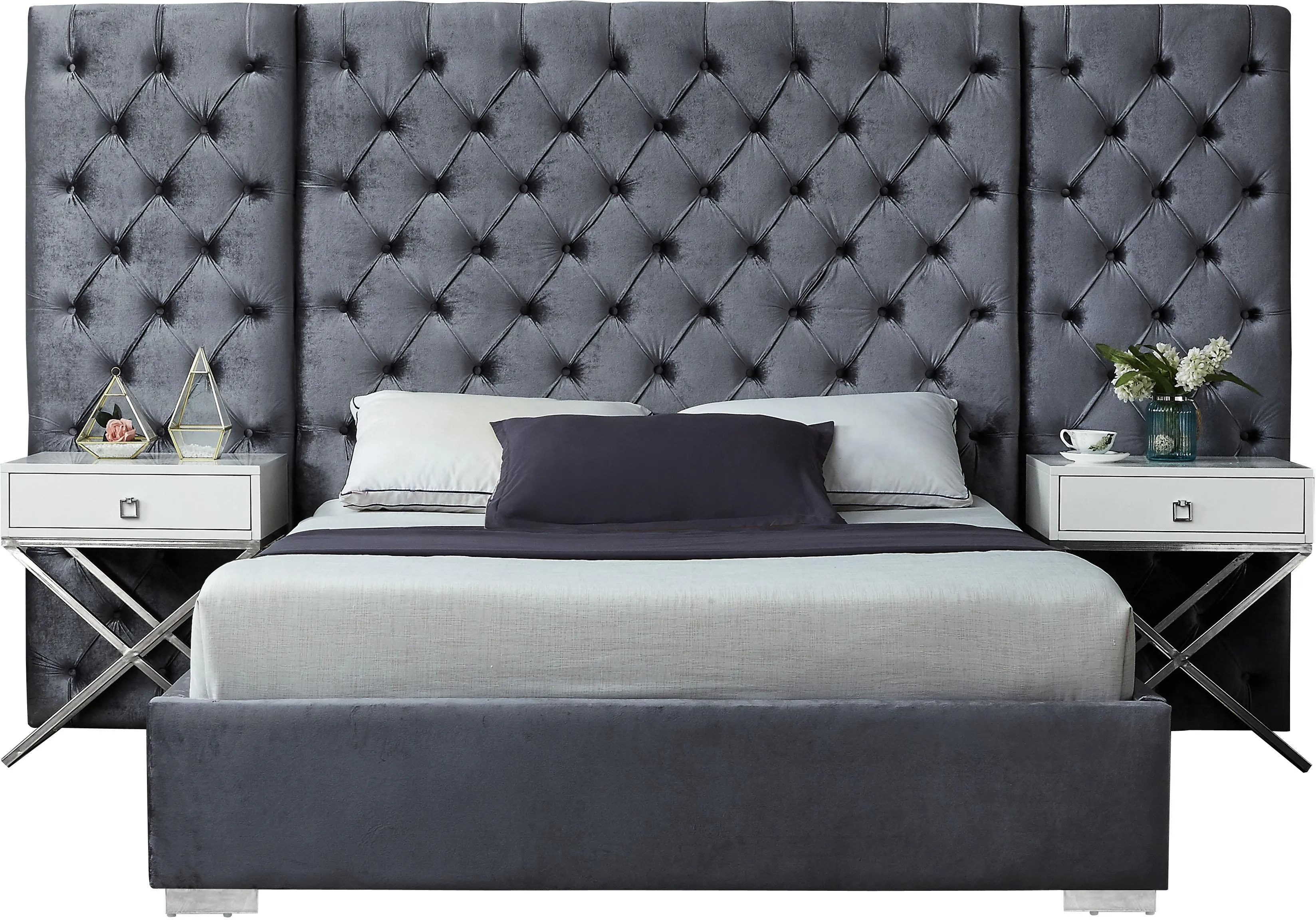 Grande Grey Velvet Queen Bed (3 Boxes)